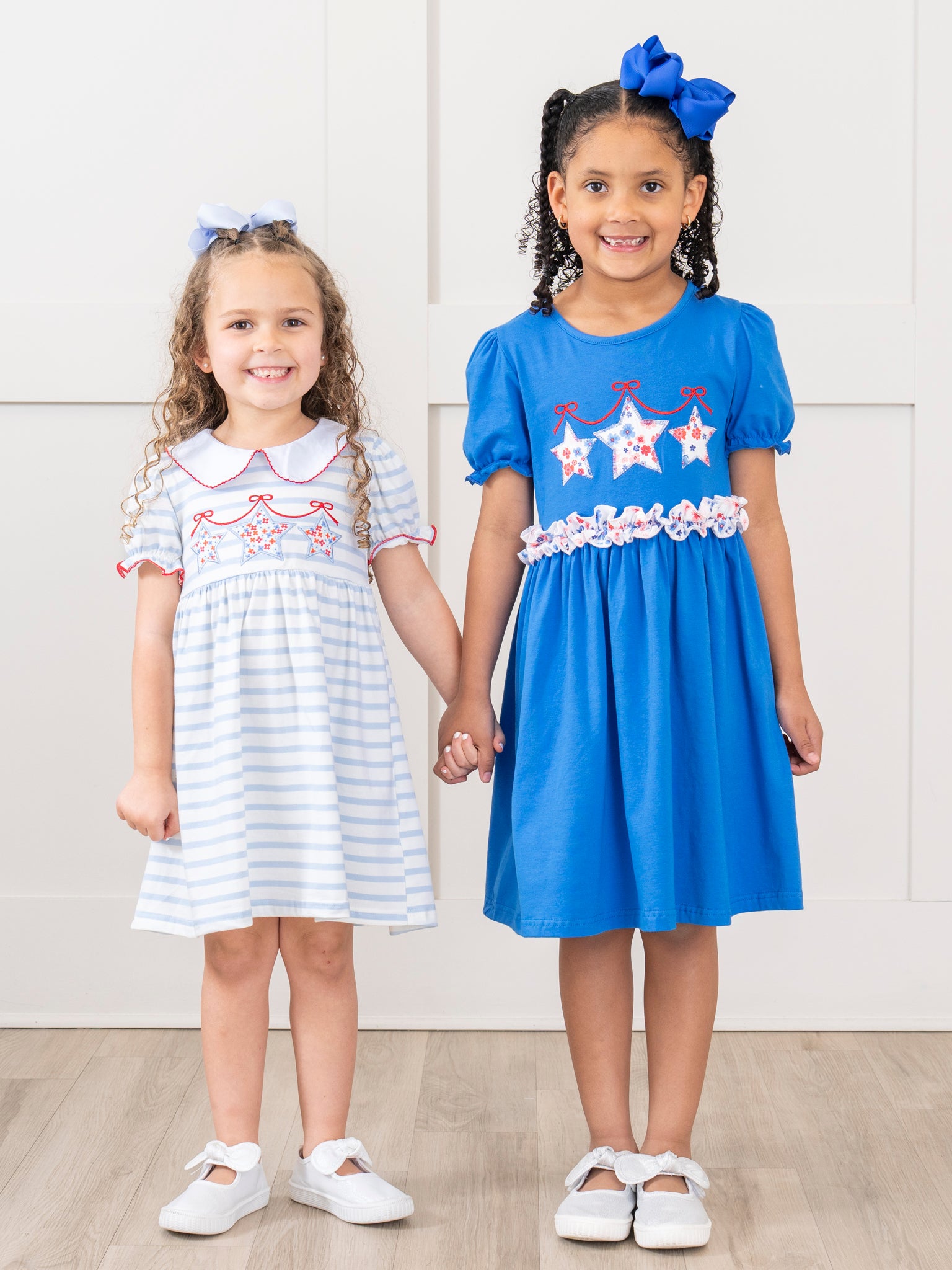 Blue Floral Embroidered Stars Puff Sleeve Dress - Marie Nicole Clothing