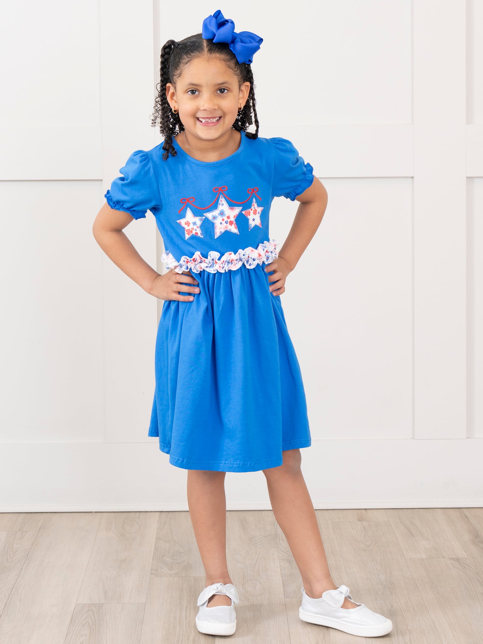 Blue Floral Embroidered Stars Puff Sleeve Dress - Marie Nicole Clothing