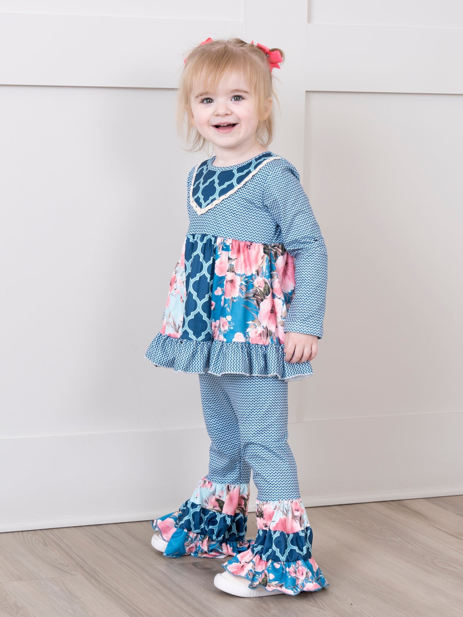 Blue Floral Ruffle Top & Moroccan Bell Bottoms Outfit - Marie Nicole Clothing