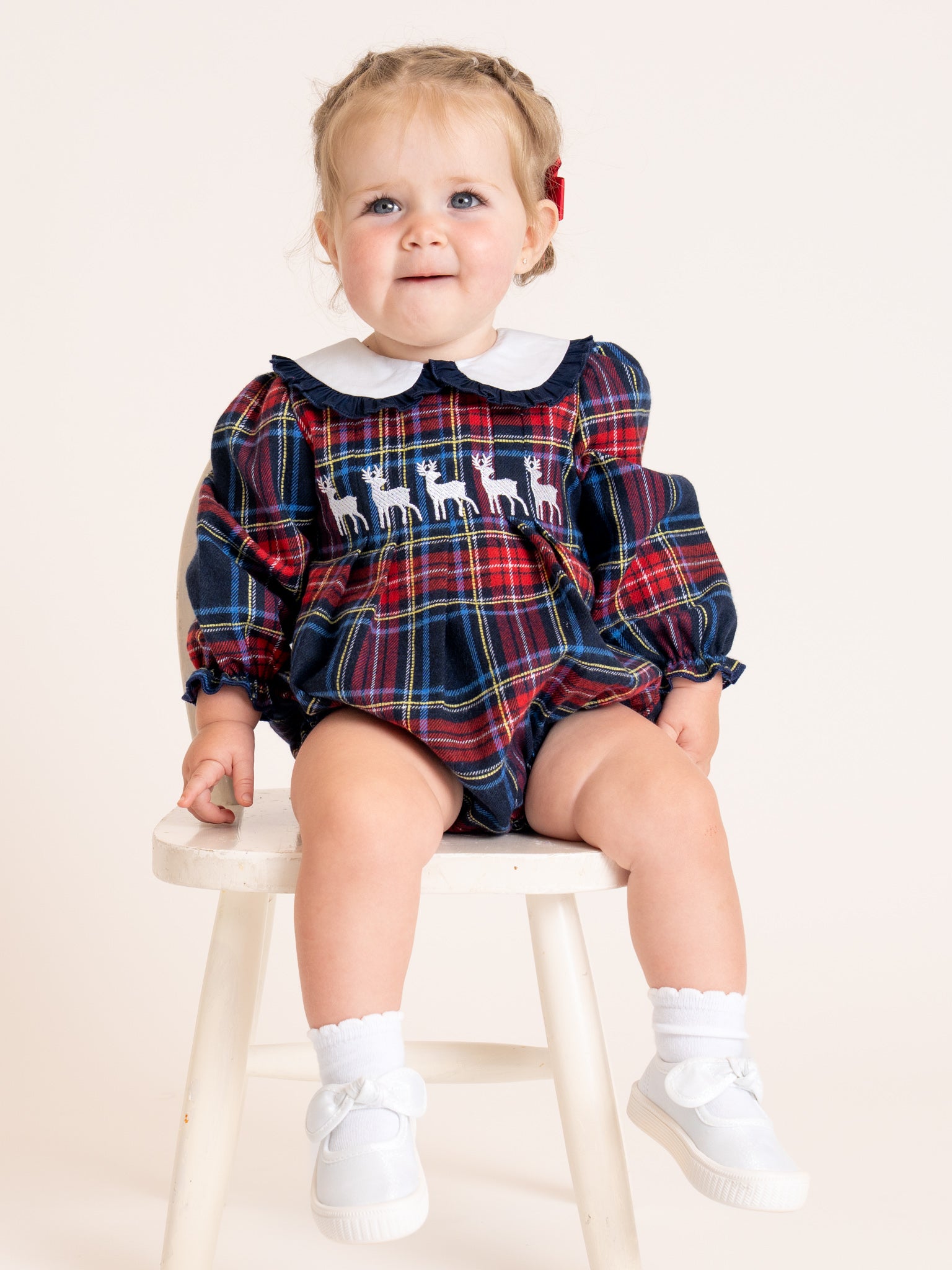 Embroidered Reindeer Plaid Bubble Romper - Marie Nicole Clothing