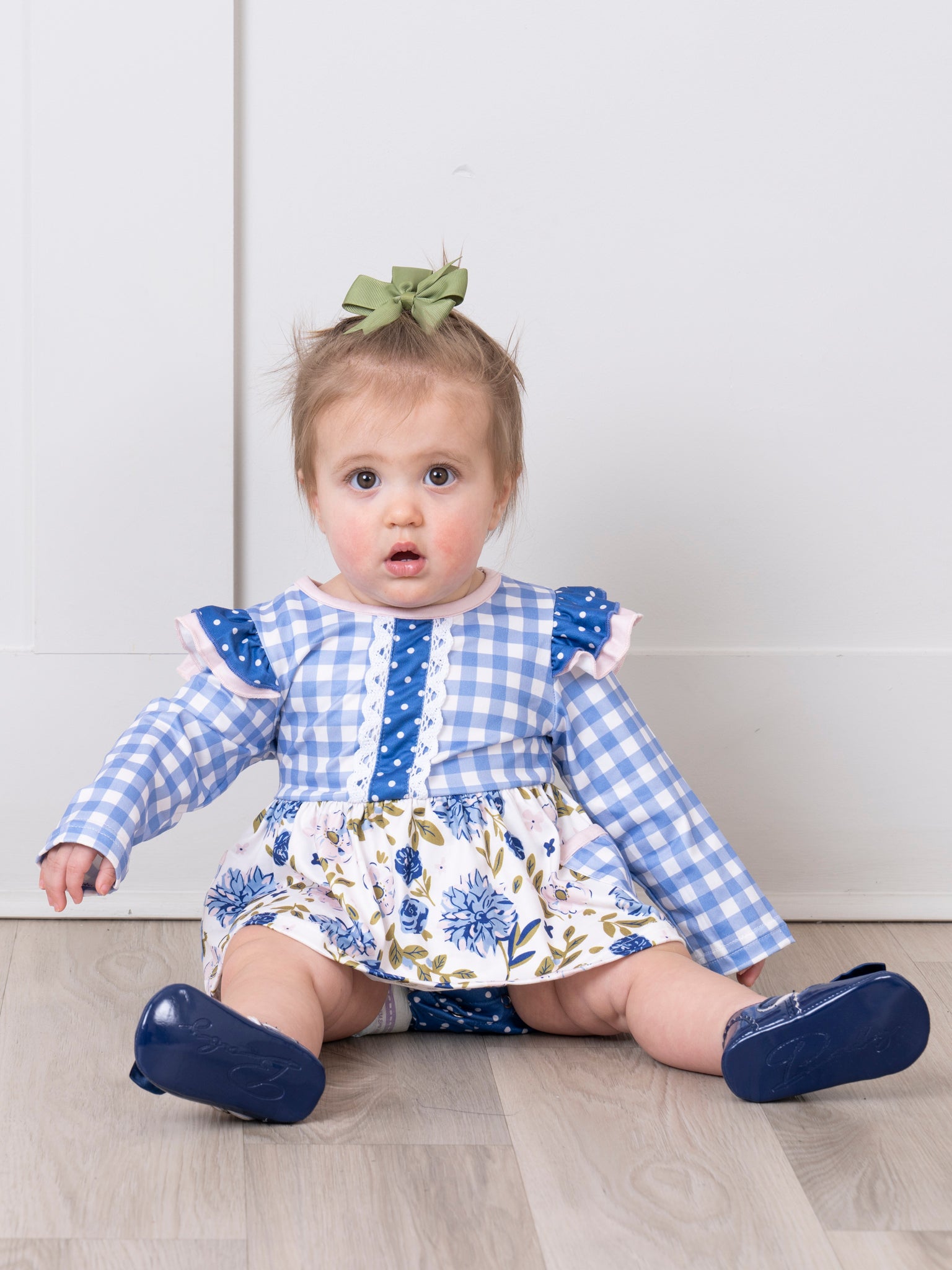 Long - Sleeved Mixed Print Ruffle Bubble Romper - Marie Nicole Clothing