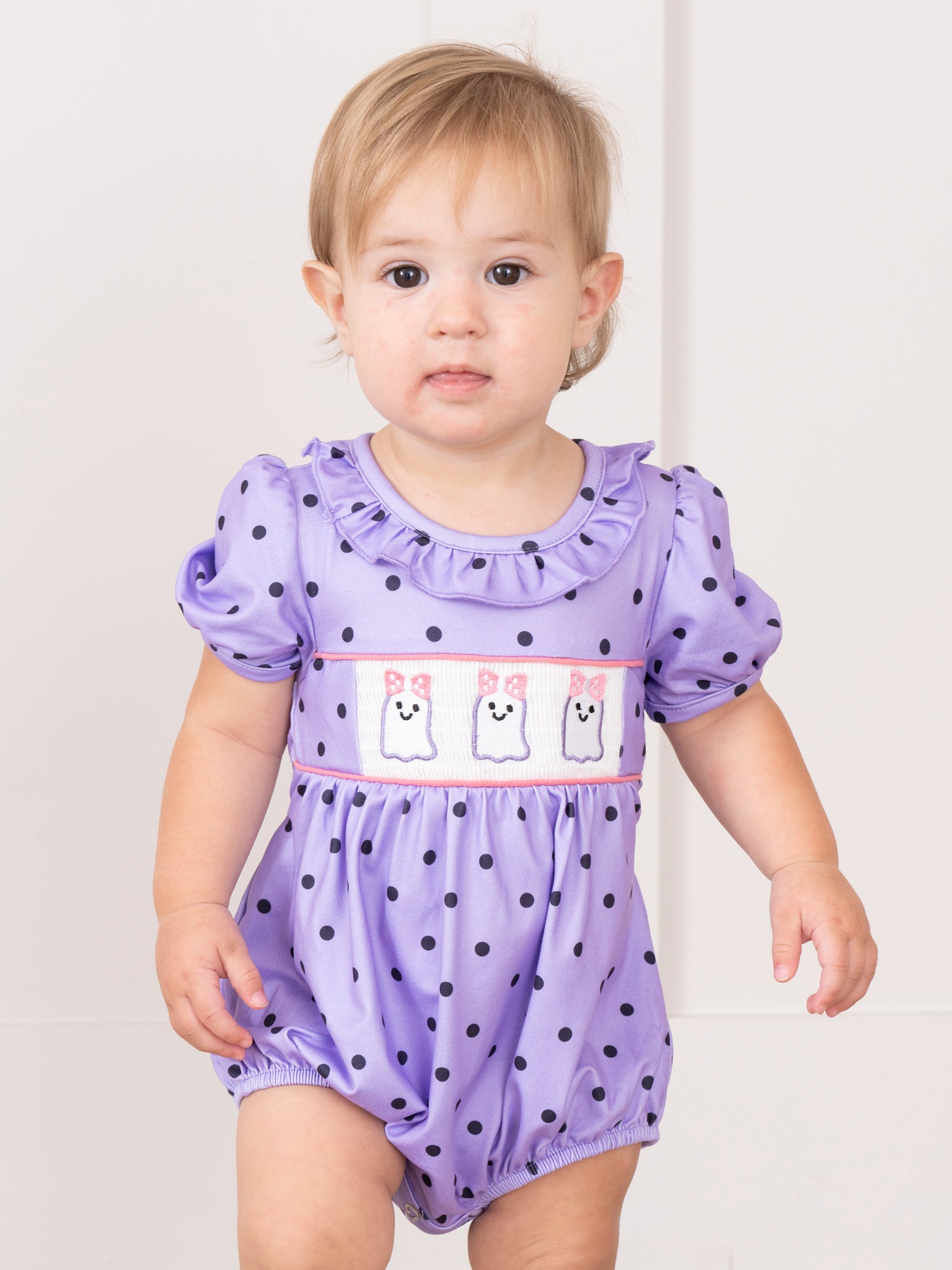Purple Dots Smocked Ghosts Ruffle Bubble Romper - Marie Nicole Clothing