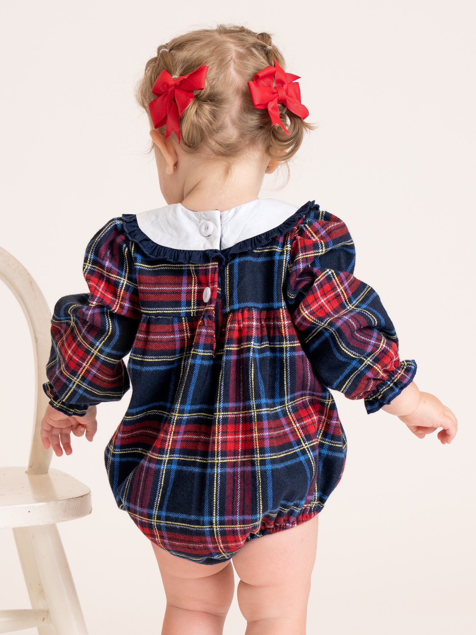 Embroidered Reindeer Plaid Bubble Romper - Marie Nicole Clothing