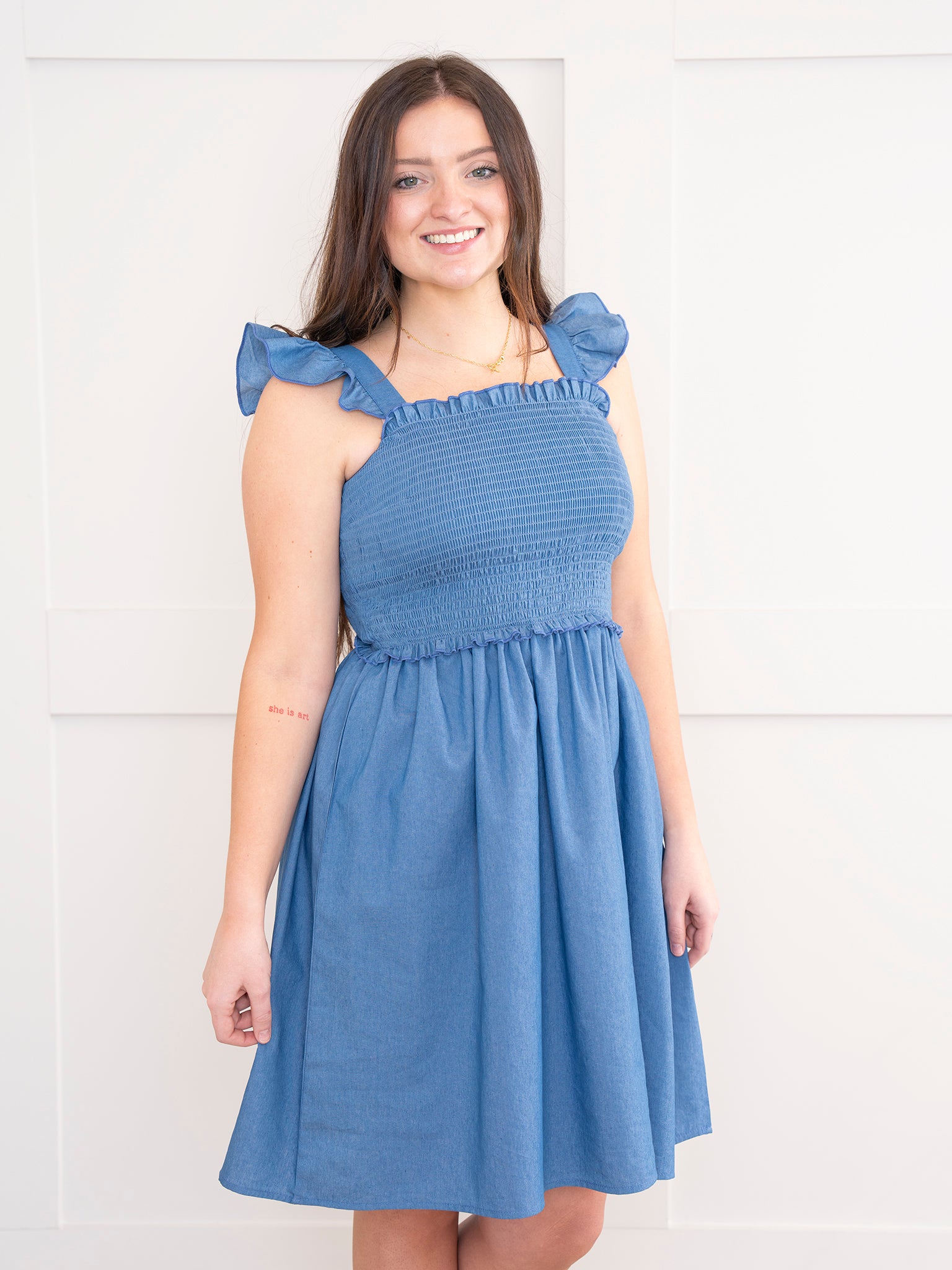 Mom & Me Smocked Chambray Ruffle Dress - Marie Nicole Clothing