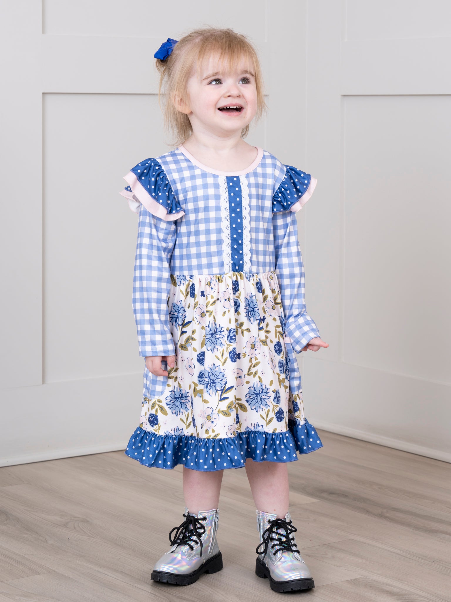 Long - Sleeved Mixed Print Ruffle Dress - Marie Nicole Clothing