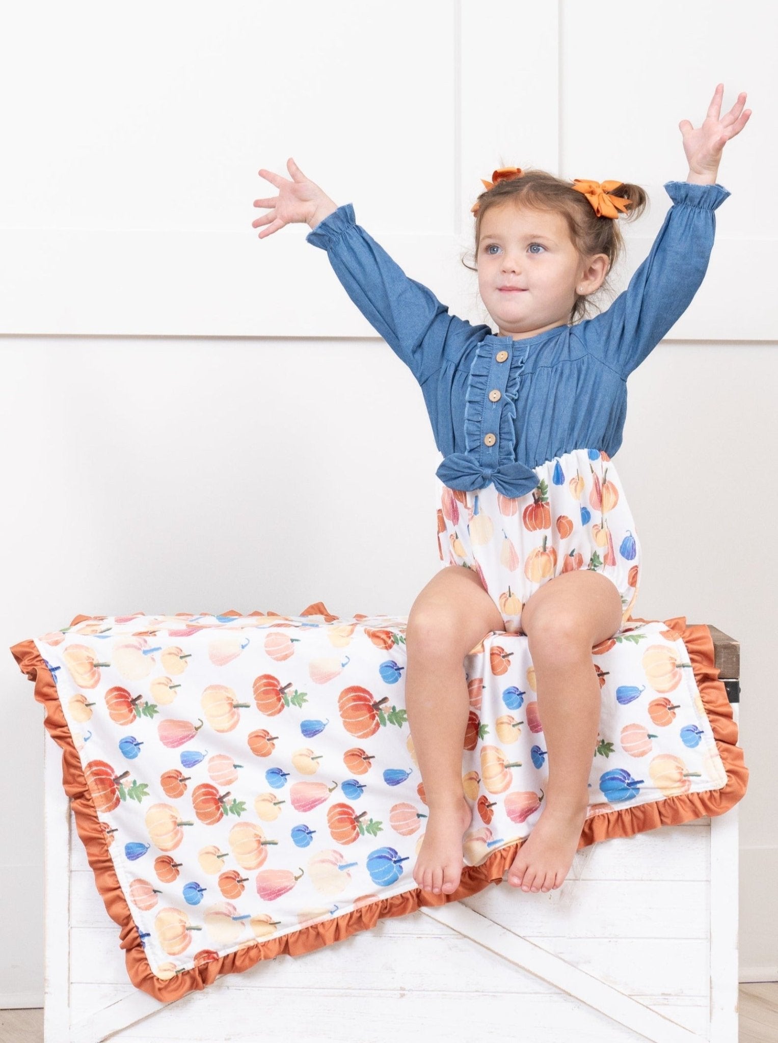 Party Pumpkins Chambray Bubble Romper - Marie Nicole Clothing