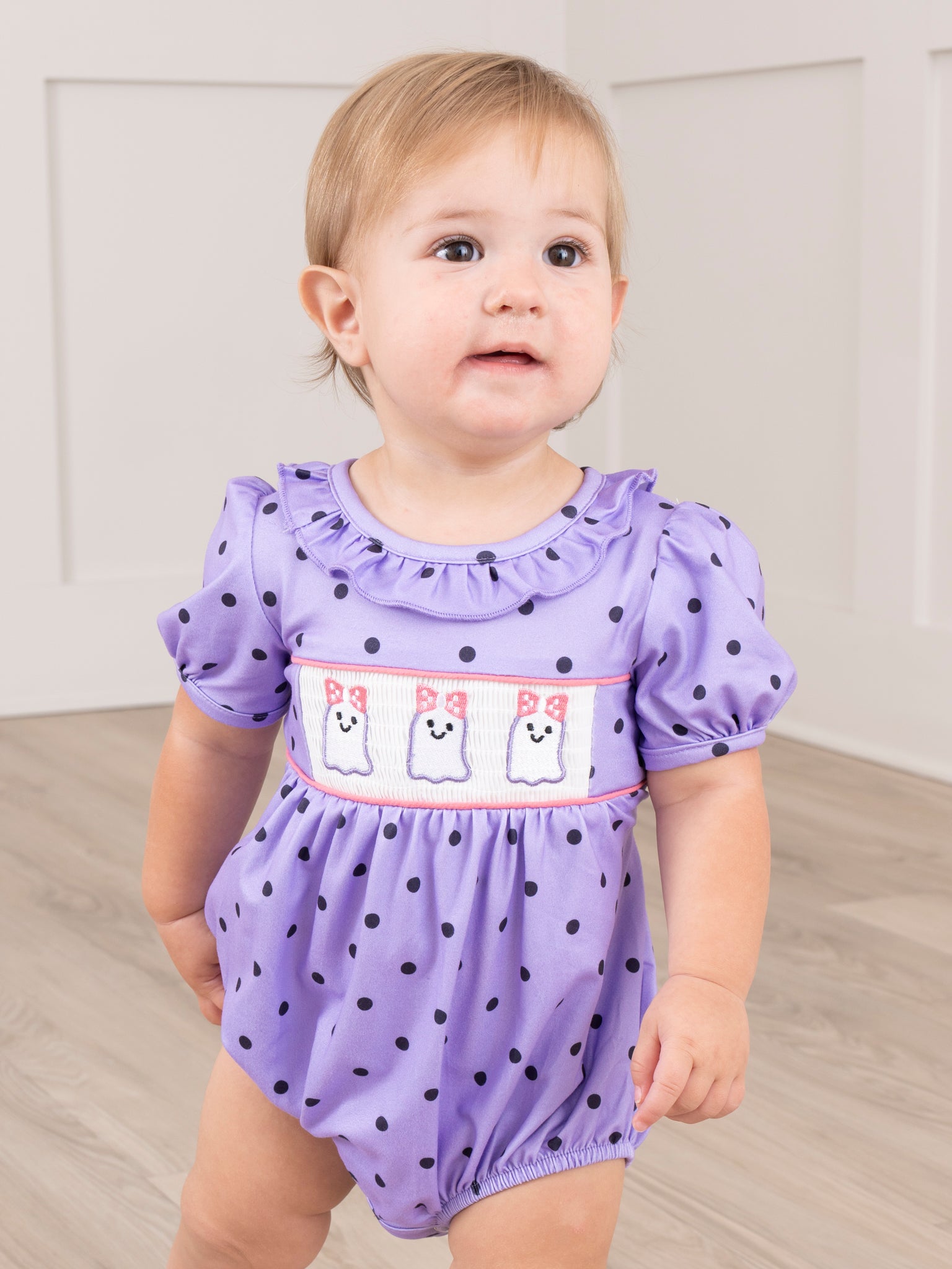 Purple Dots Smocked Ghosts Ruffle Bubble Romper - Marie Nicole Clothing