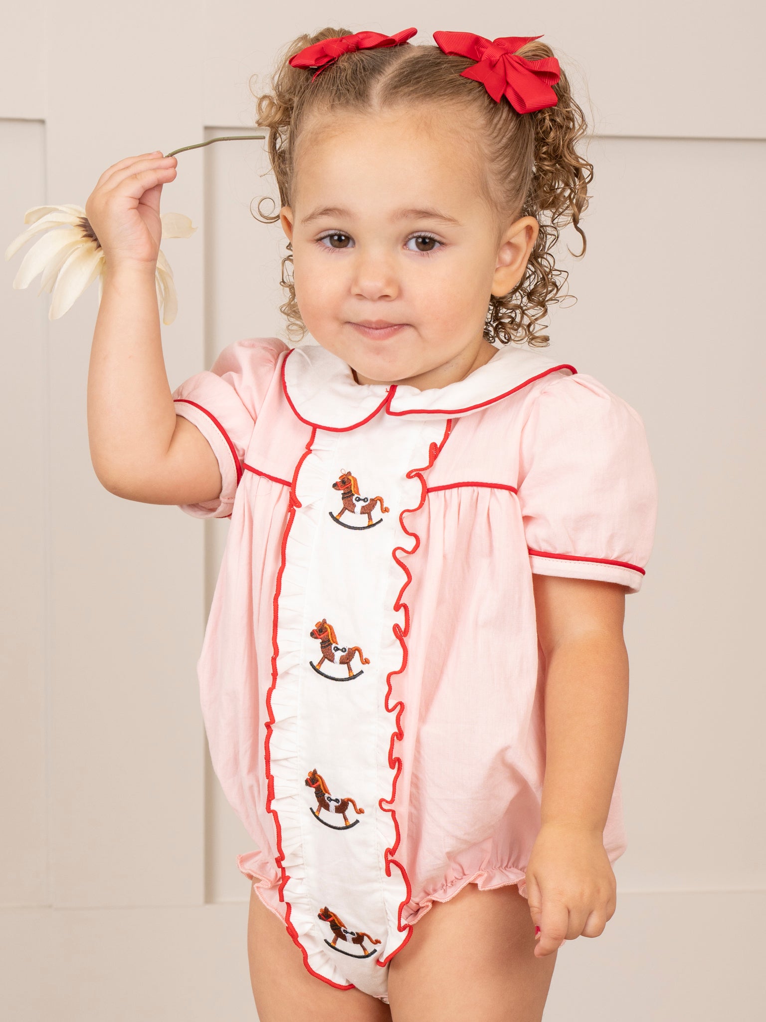 Pink Embroidered Rocking Horse Bubble Romper - Marie Nicole Clothing
