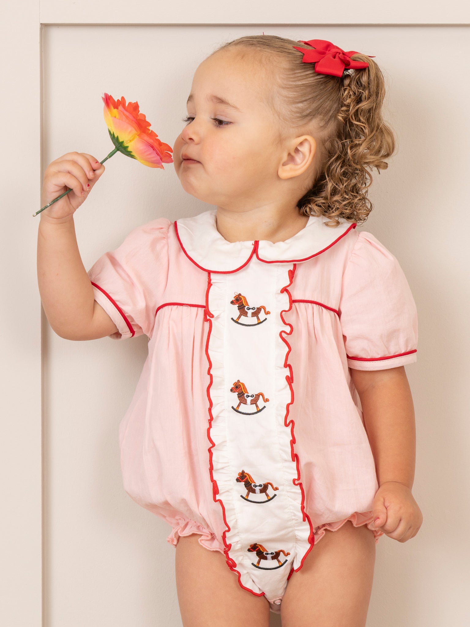 Pink Embroidered Rocking Horse Bubble Romper - Marie Nicole Clothing