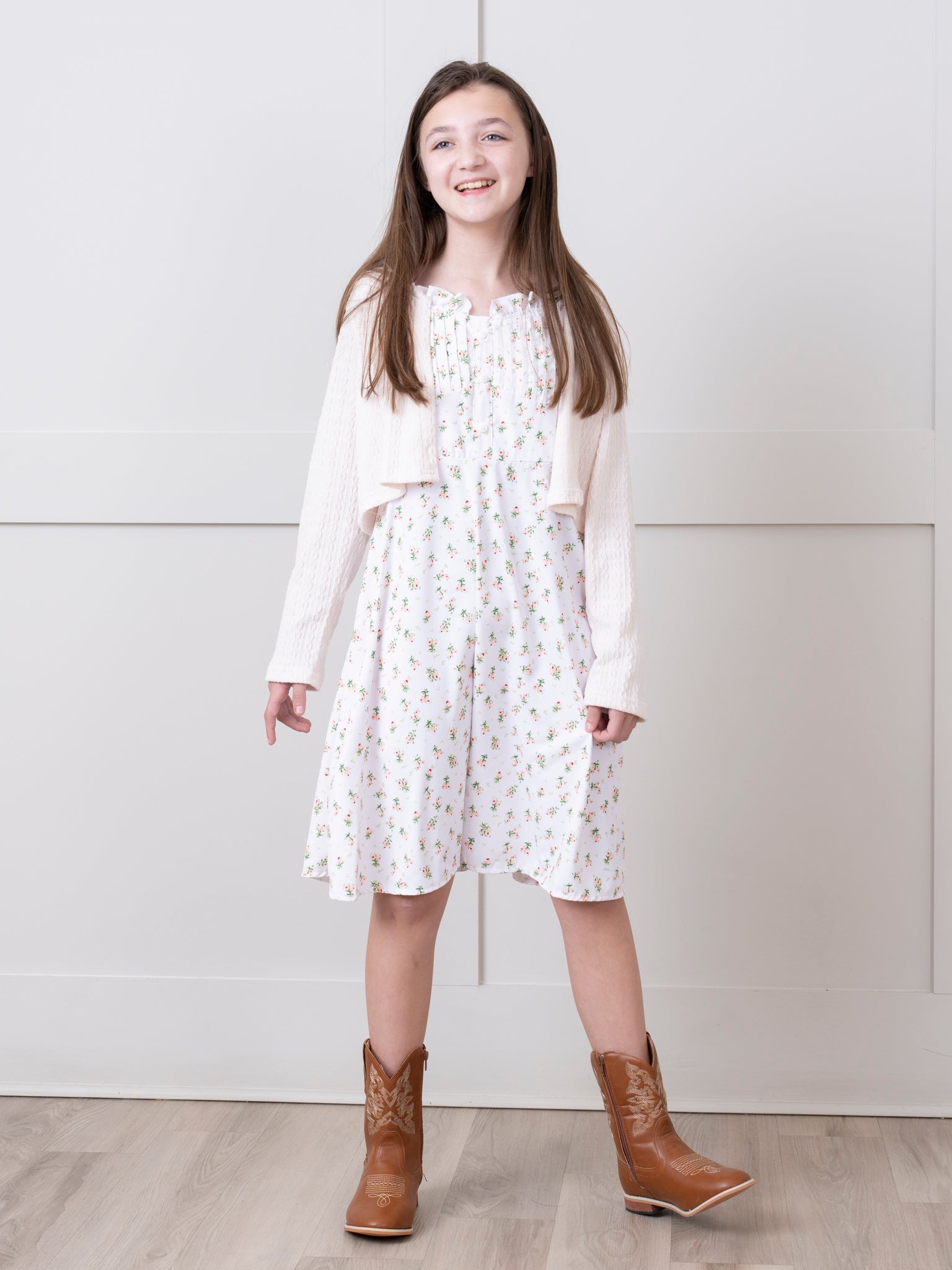 Pre - Teen Floral Cream Elegant Pleat Dress & Cardigan - Marie Nicole Clothing