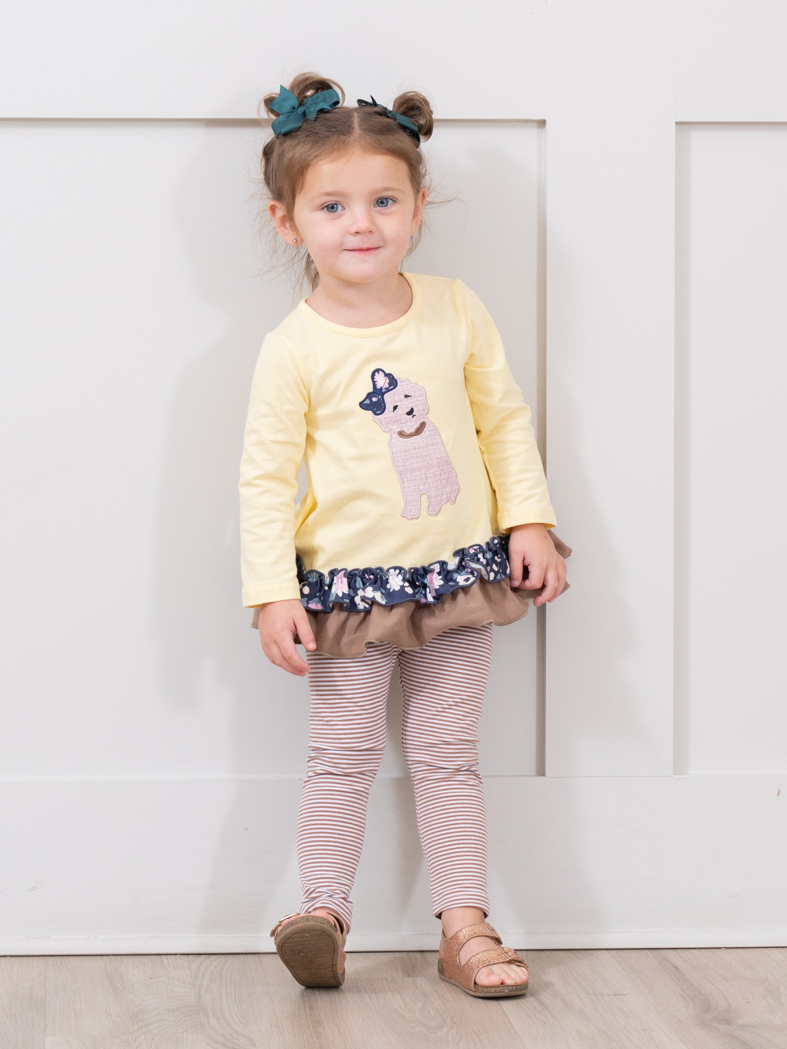 Canary & Brown Embroidered Puppy Ruffle Outfit - Marie Nicole Clothing
