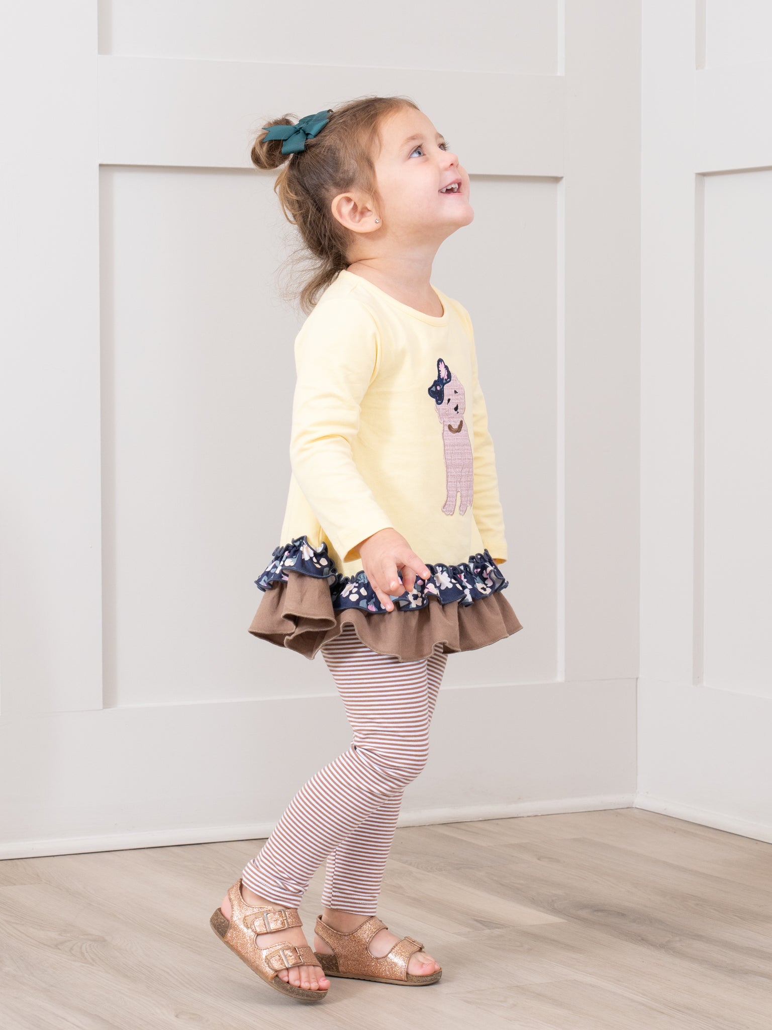 Canary & Brown Embroidered Puppy Ruffle Outfit - Marie Nicole Clothing