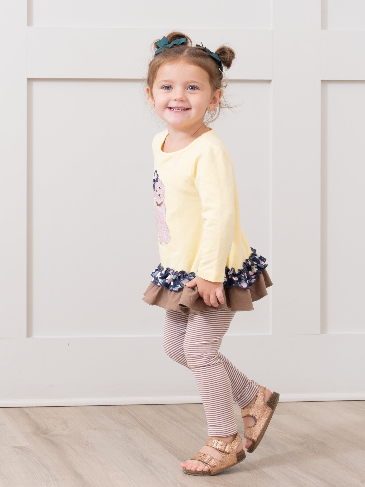Canary & Brown Embroidered Puppy Ruffle Outfit - Marie Nicole Clothing