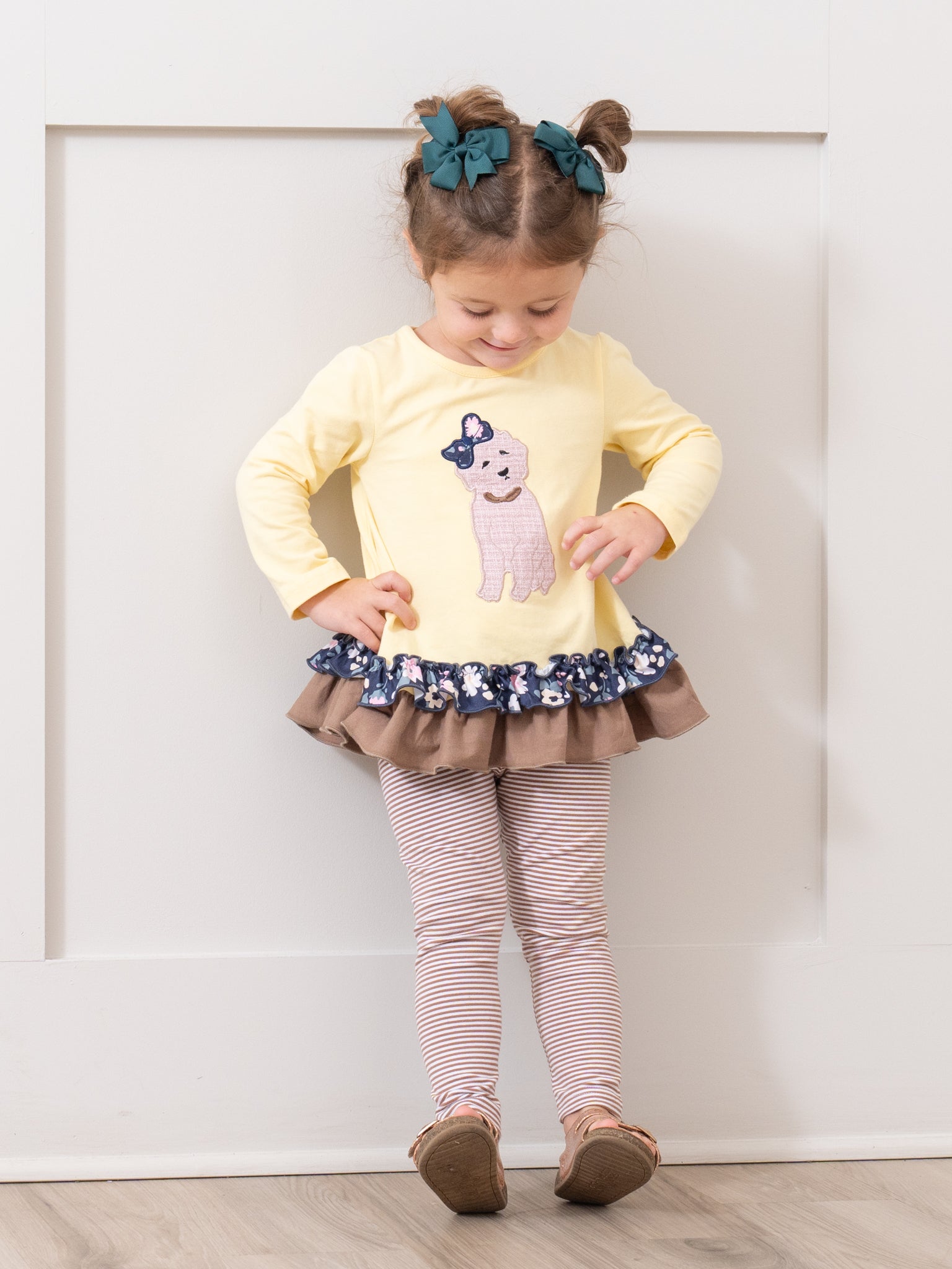 Canary & Brown Embroidered Puppy Ruffle Outfit - Marie Nicole Clothing