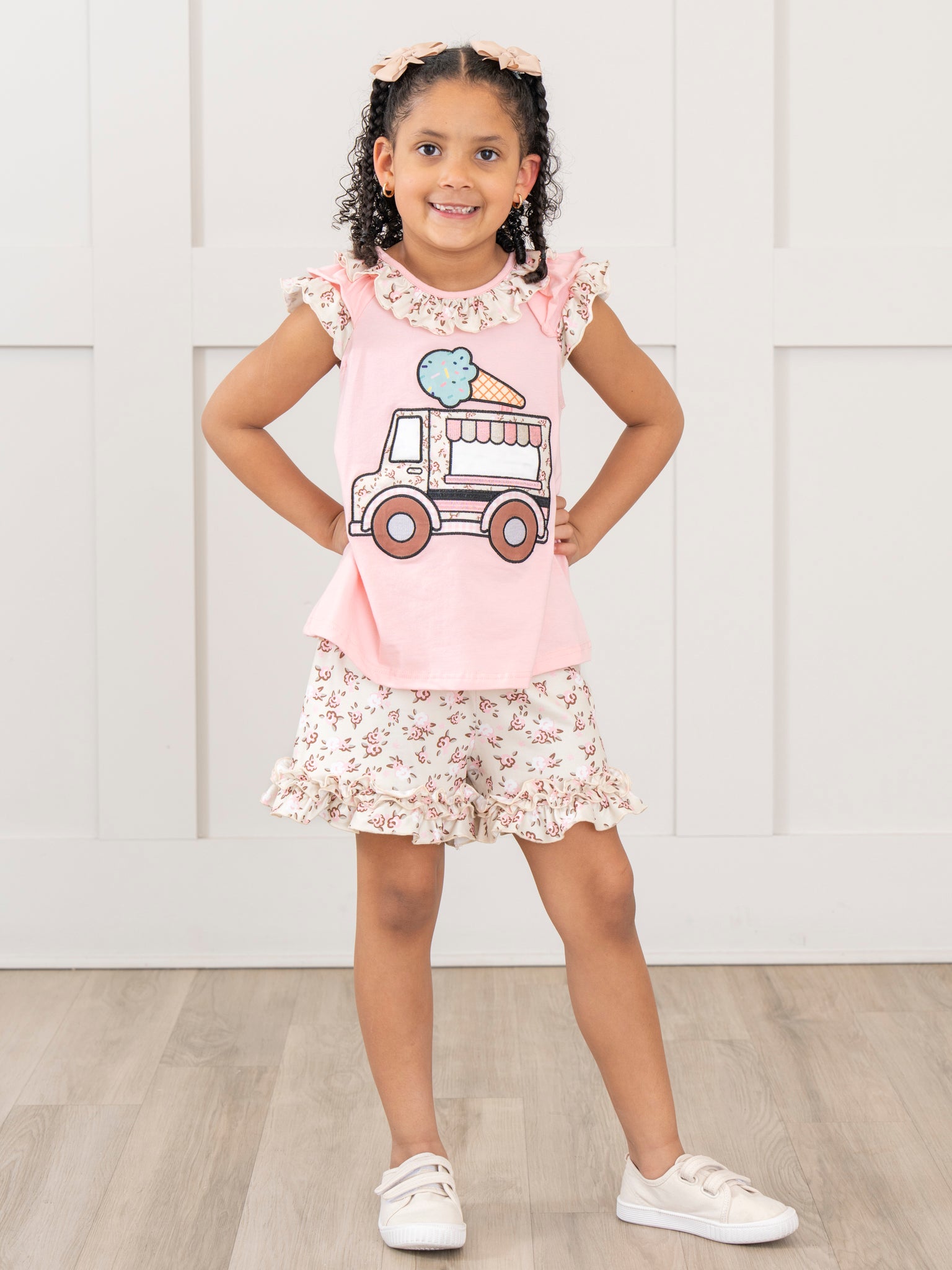 Floral Ice Cream Truck Embroidered Ruffle Outfit - Marie Nicole Clothing