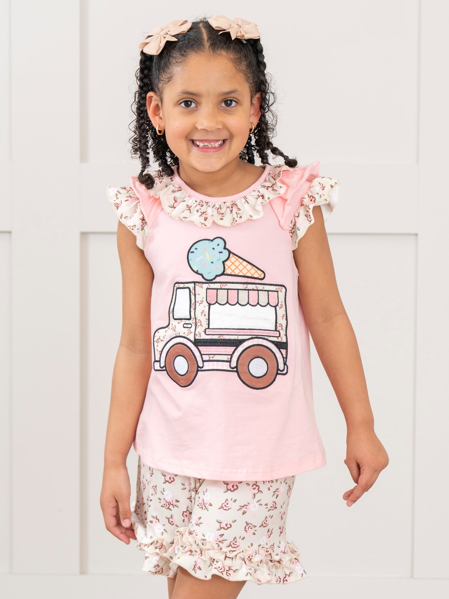 Floral Ice Cream Truck Embroidered Ruffle Outfit - Marie Nicole Clothing