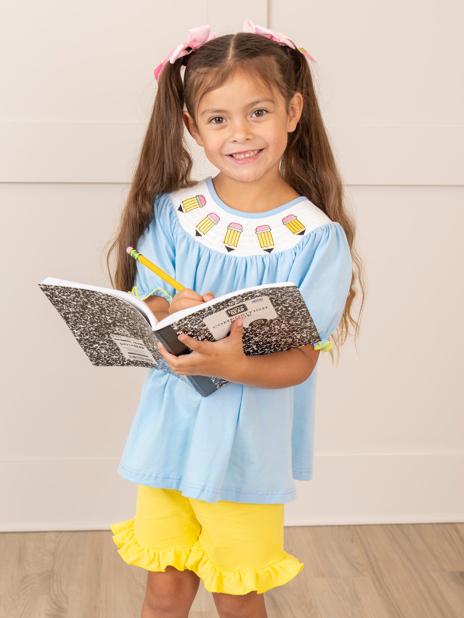 Blue & Yellow Smocked Pencils Outfit - Marie Nicole Clothing