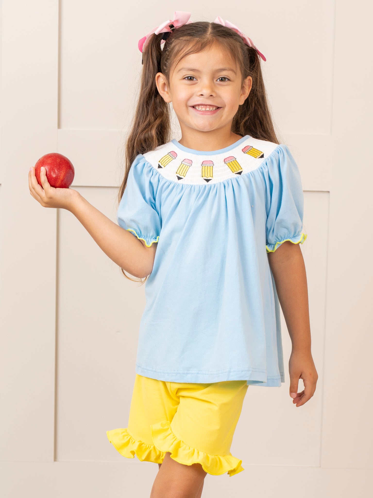 Blue & Yellow Smocked Pencils Outfit - Marie Nicole Clothing