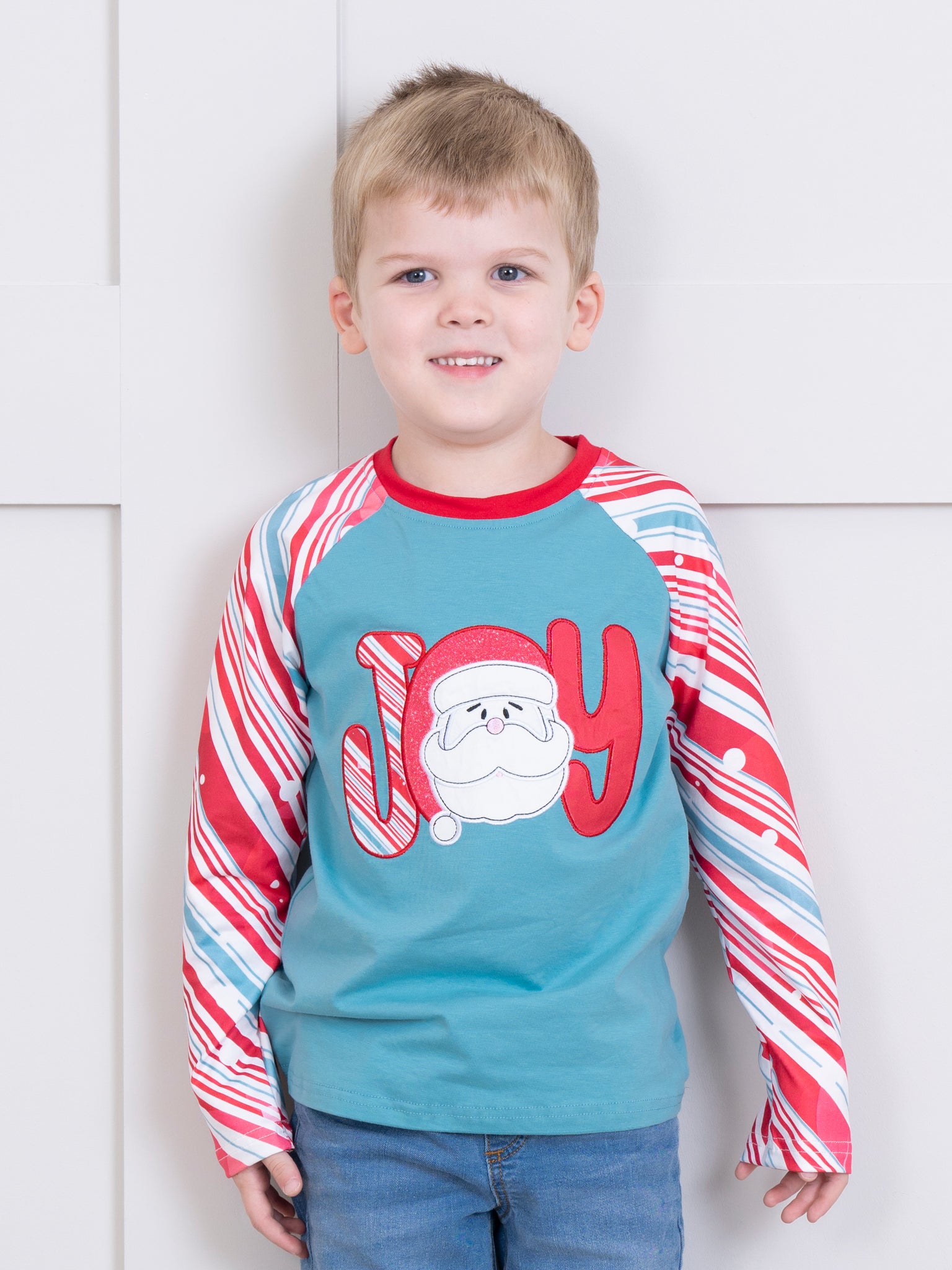 Candy Stripe Joy Raglan Sleeve Shirt - Marie Nicole Clothing