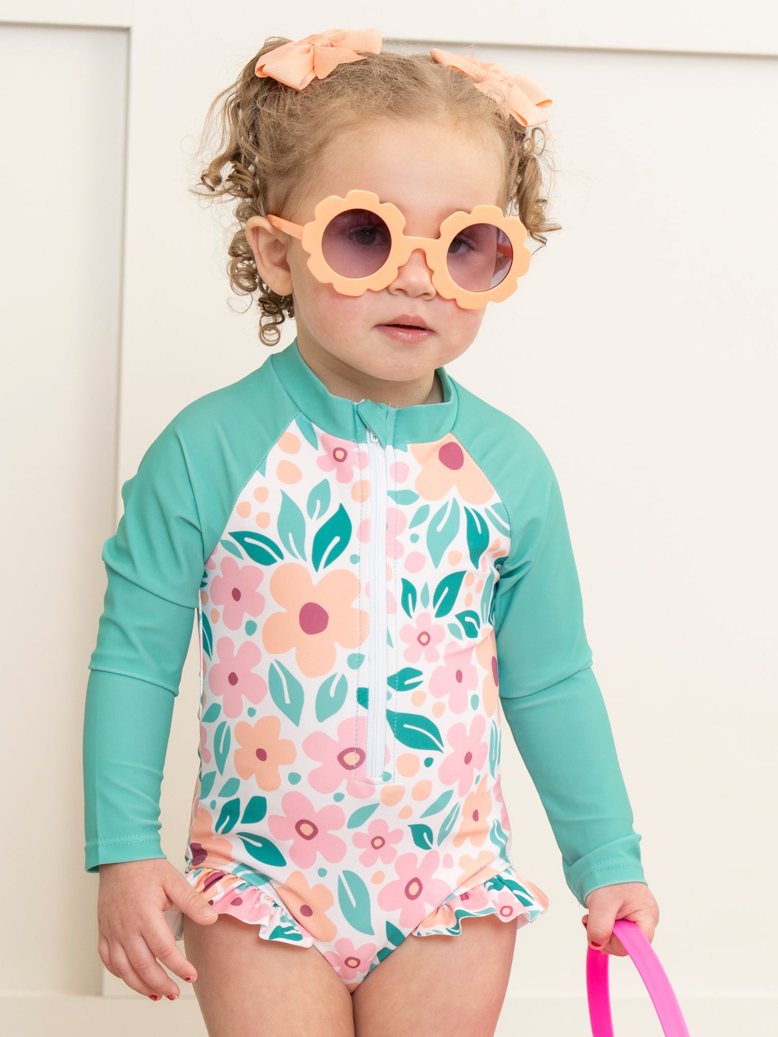 Turquoise & Pink Tropical Blooms Ruffle Rashguard - Marie Nicole Clothing