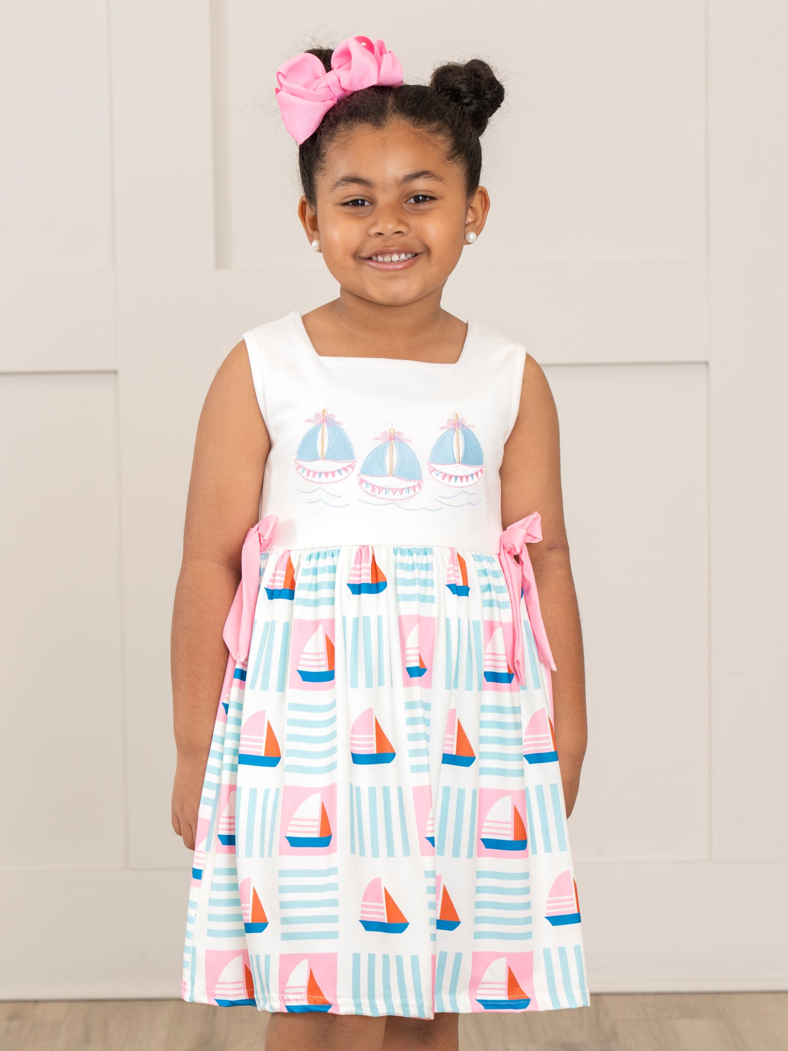 Pink & Blue Embroidered Sailboats Dress - Marie Nicole Clothing