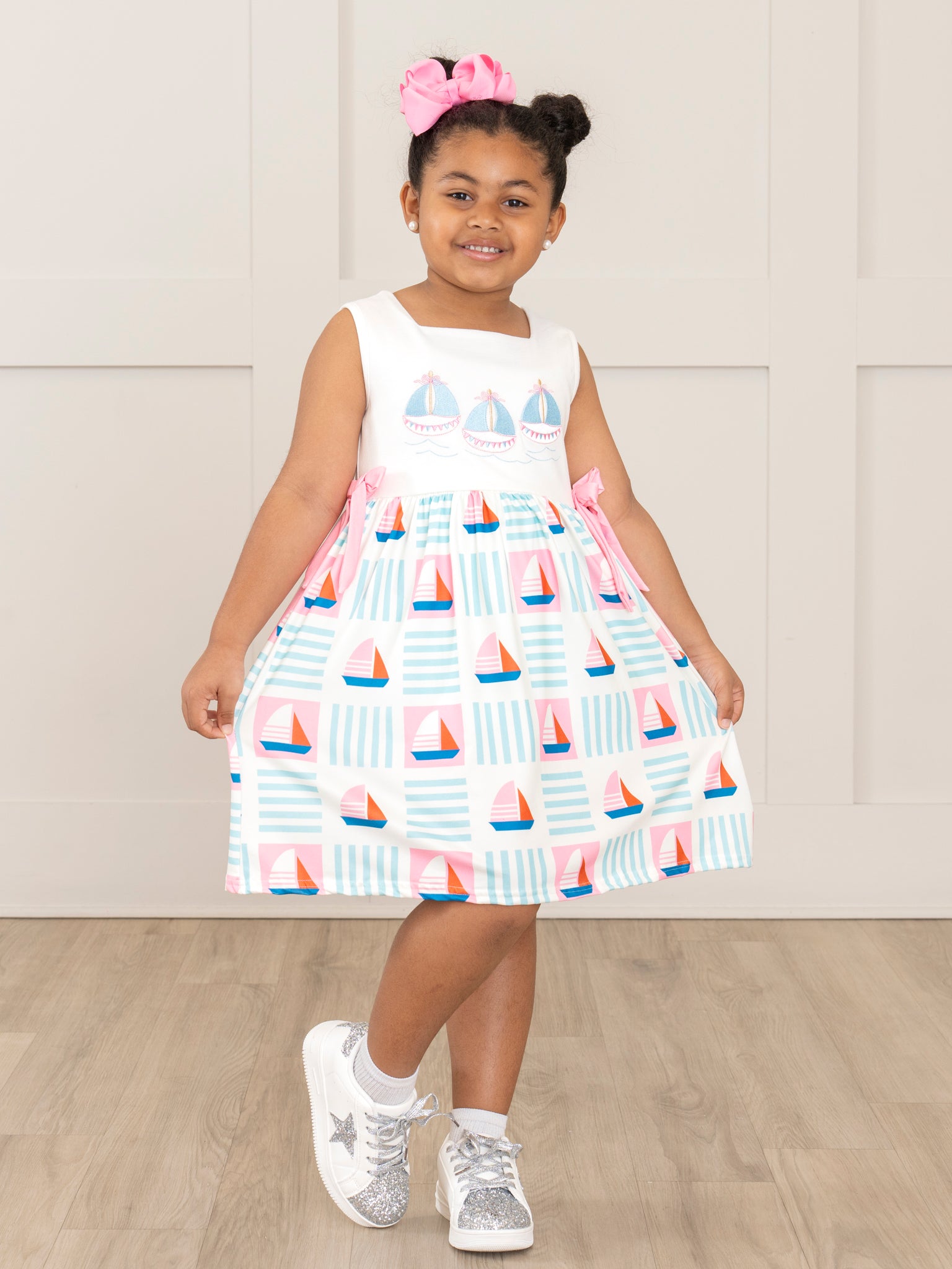 Pink & Blue Embroidered Sailboats Dress - Marie Nicole Clothing