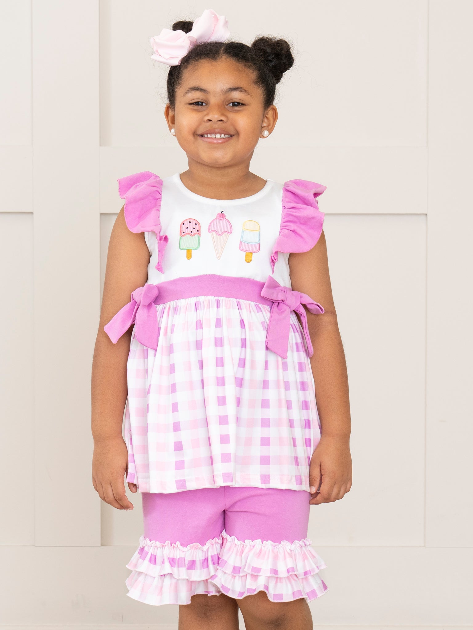 Embroidered Ice Cream Plaid Ruffle Outfit - Marie Nicole Clothing