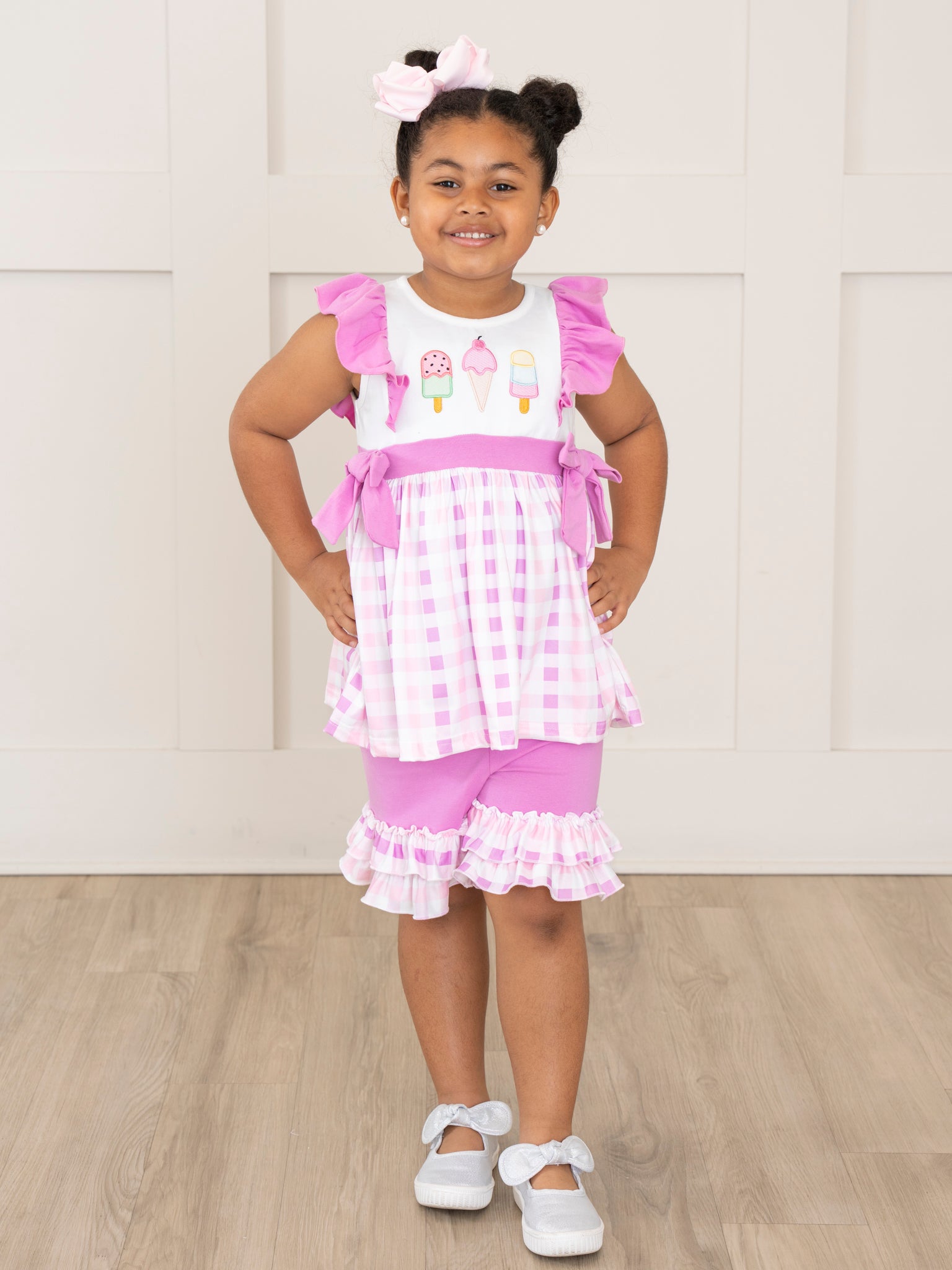 Embroidered Ice Cream Plaid Ruffle Outfit - Marie Nicole Clothing