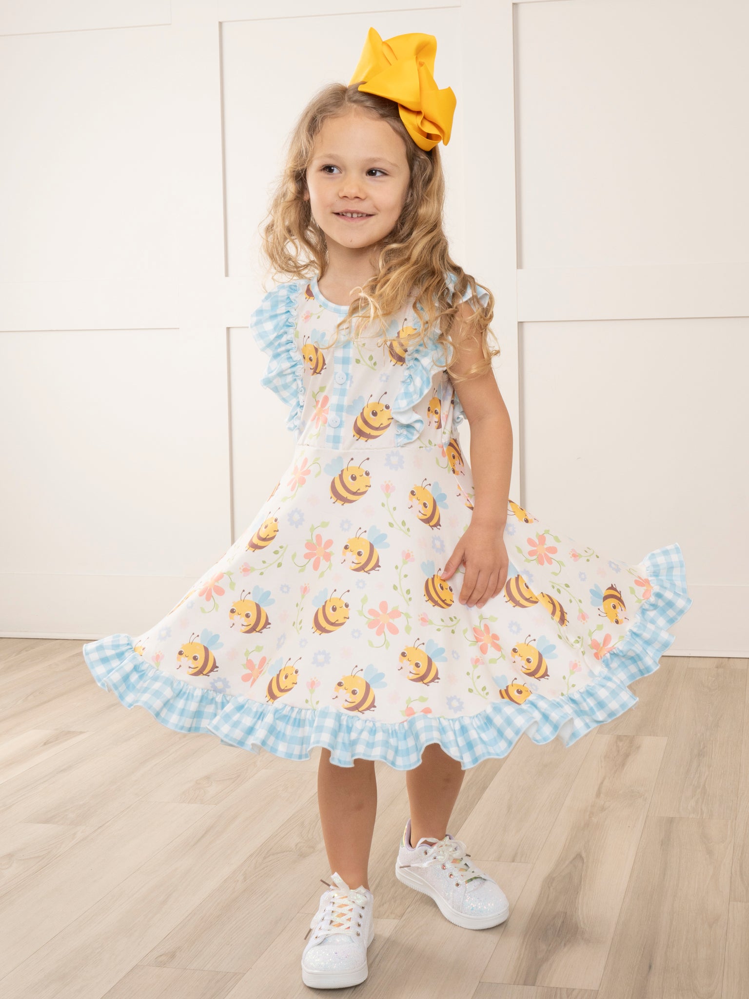 Honey Bee Gingham Ruffle Dress - Marie Nicole Clothing
