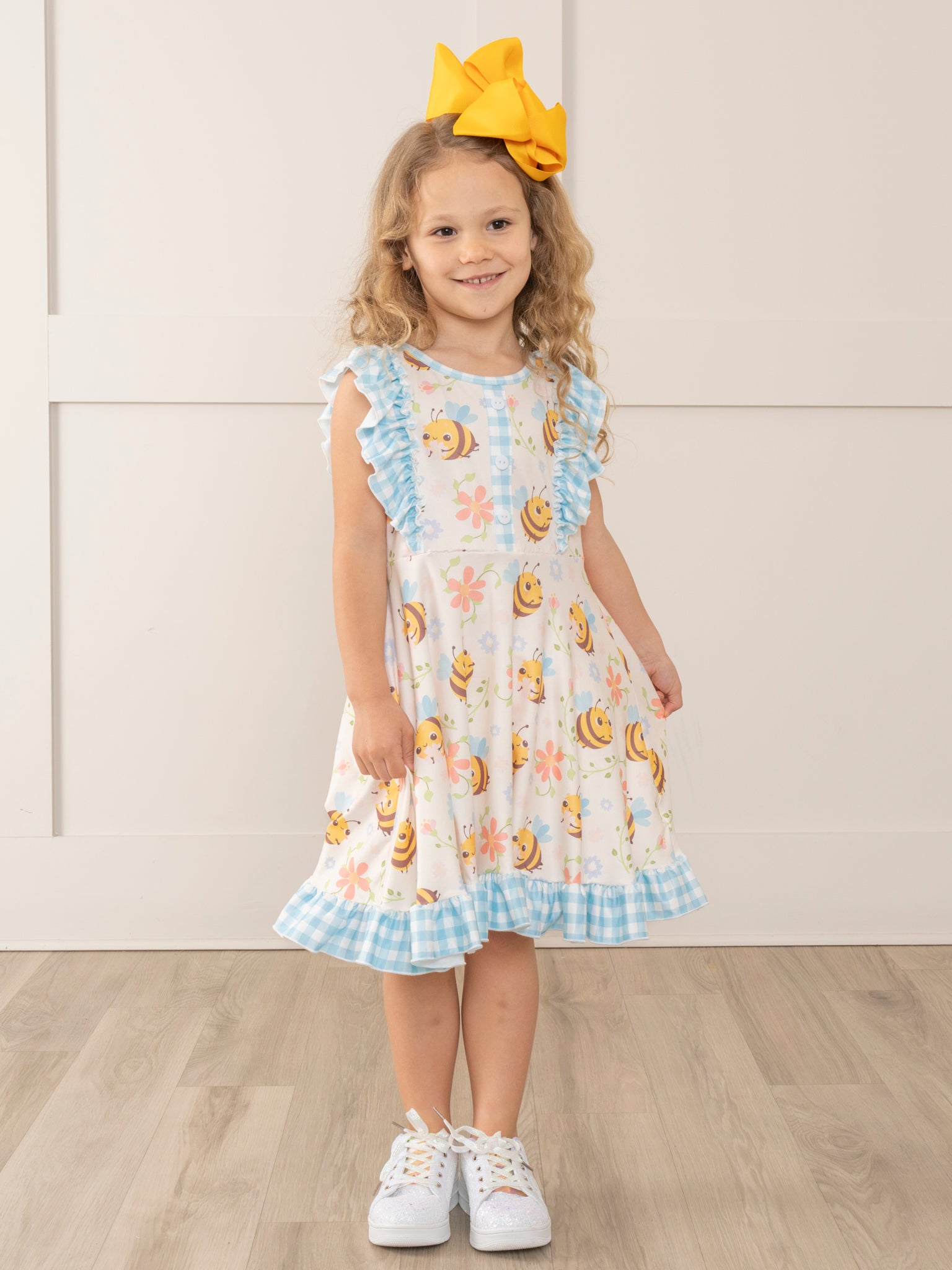 Honey Bee Gingham Ruffle Dress - Marie Nicole Clothing