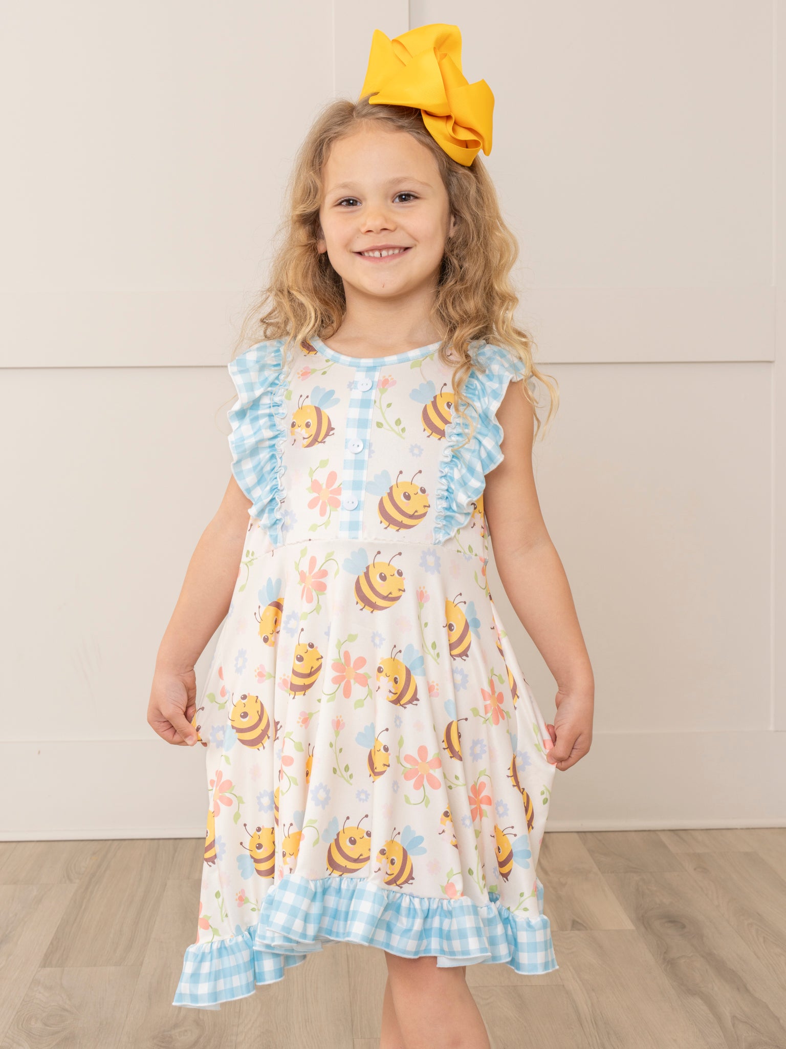 Honey Bee Gingham Ruffle Dress - Marie Nicole Clothing