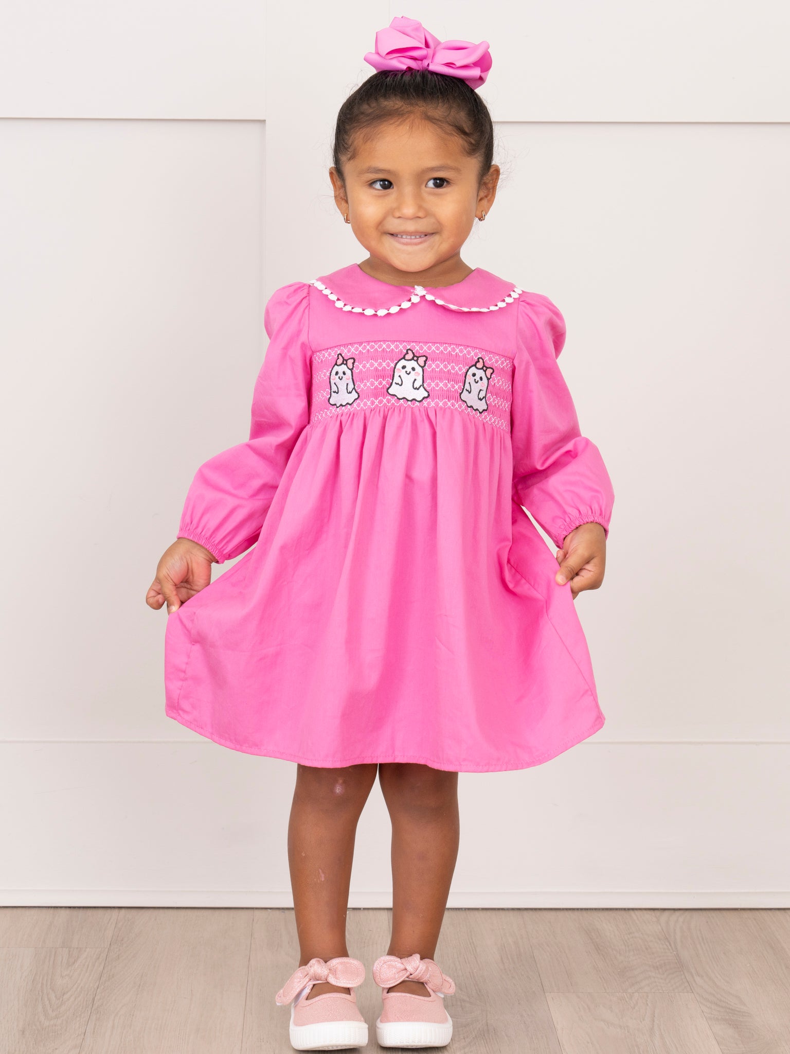 Pink Smocked Ghosts Ruffle Dress - Marie Nicole Clothing