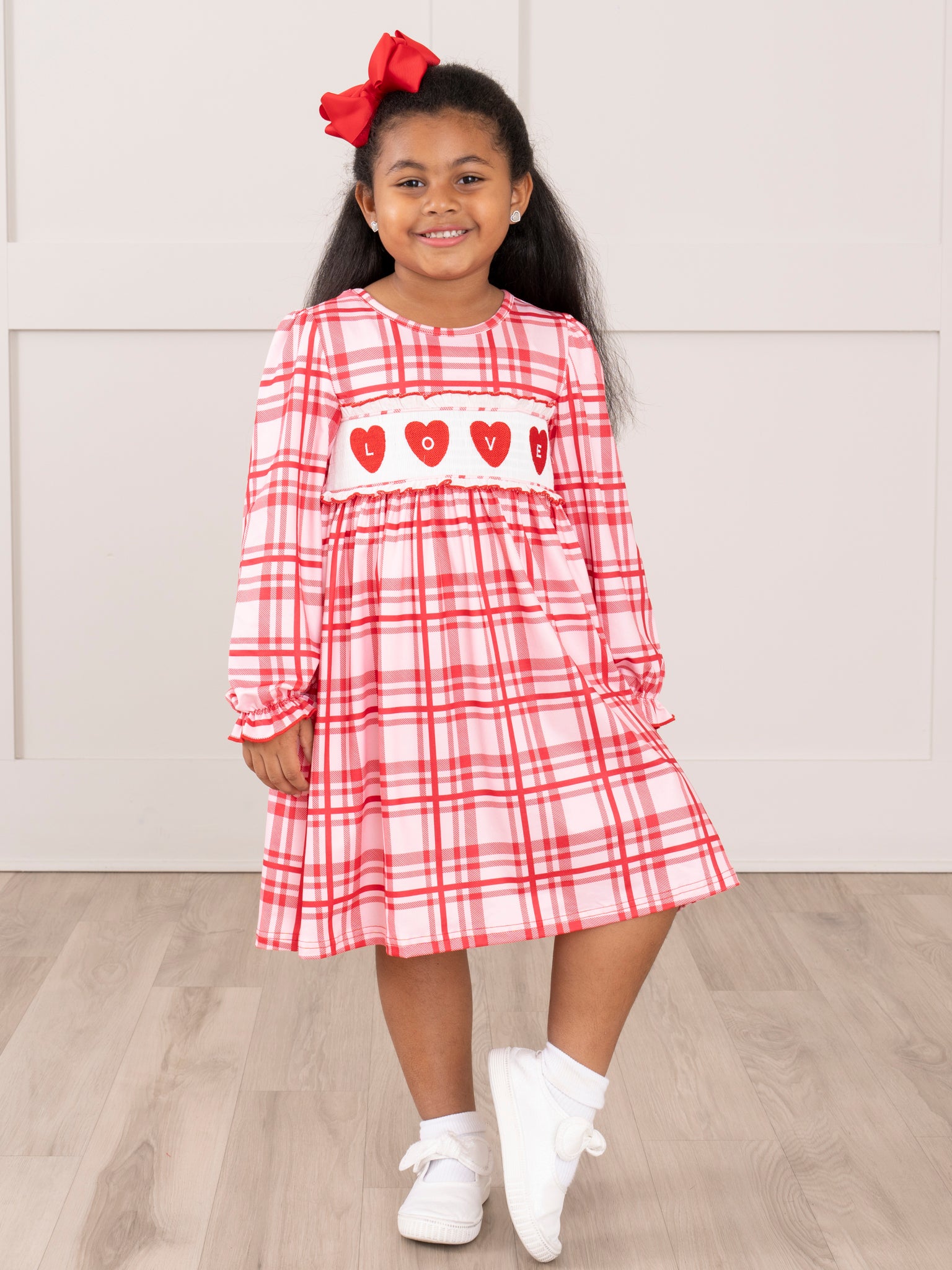Red Plaid Smocked Hearts Ruffle Dress - Marie Nicole Clothing