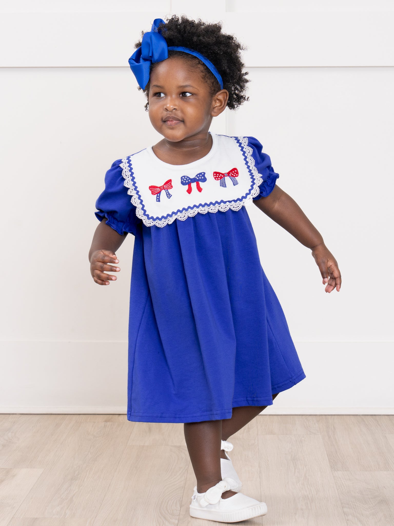 Patriotic Bow Bliss Embroidered Cotton Ruffle Dress - Marie Nicole Clothing