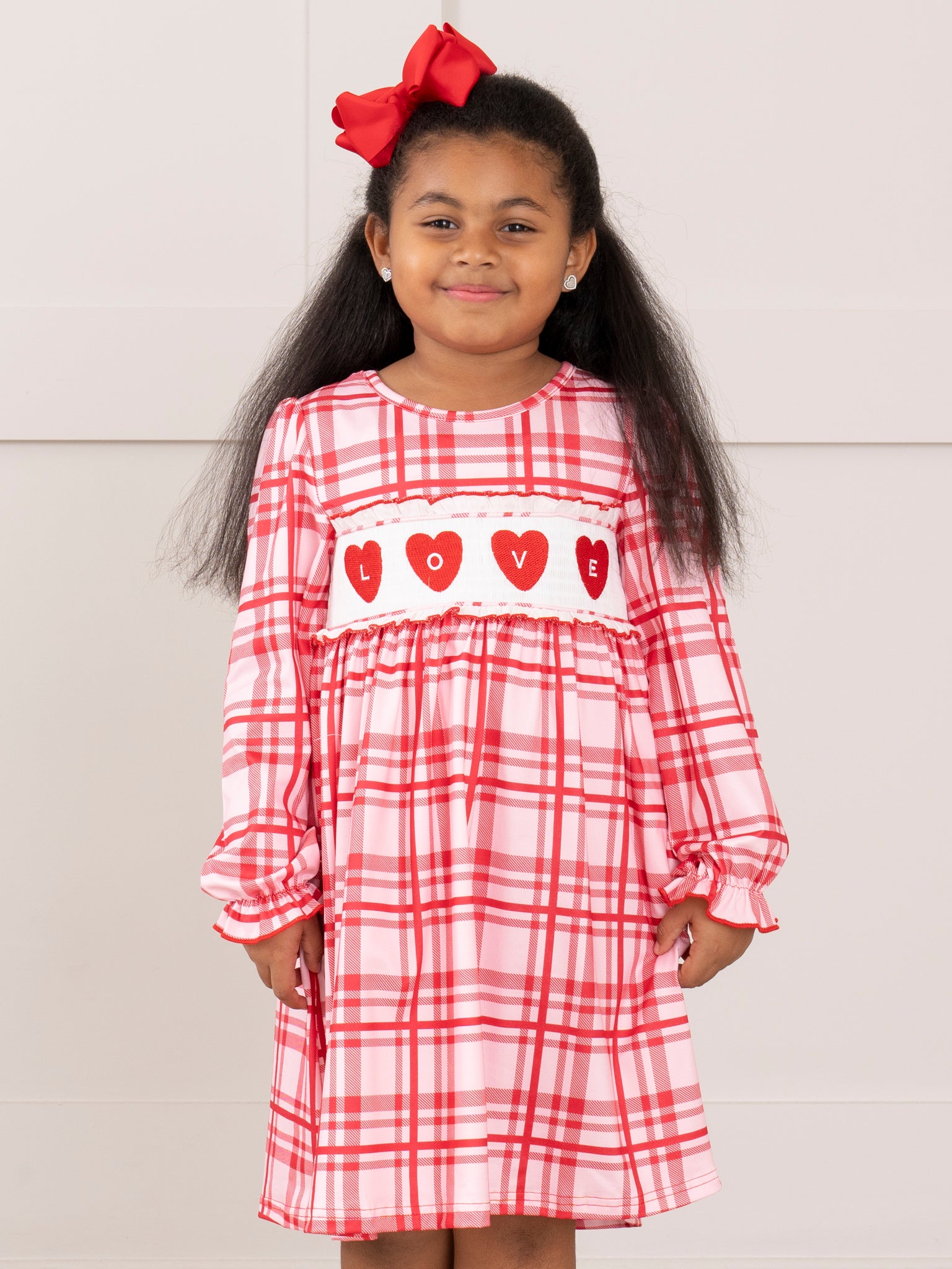Red Plaid Smocked Hearts Ruffle Dress - Marie Nicole Clothing