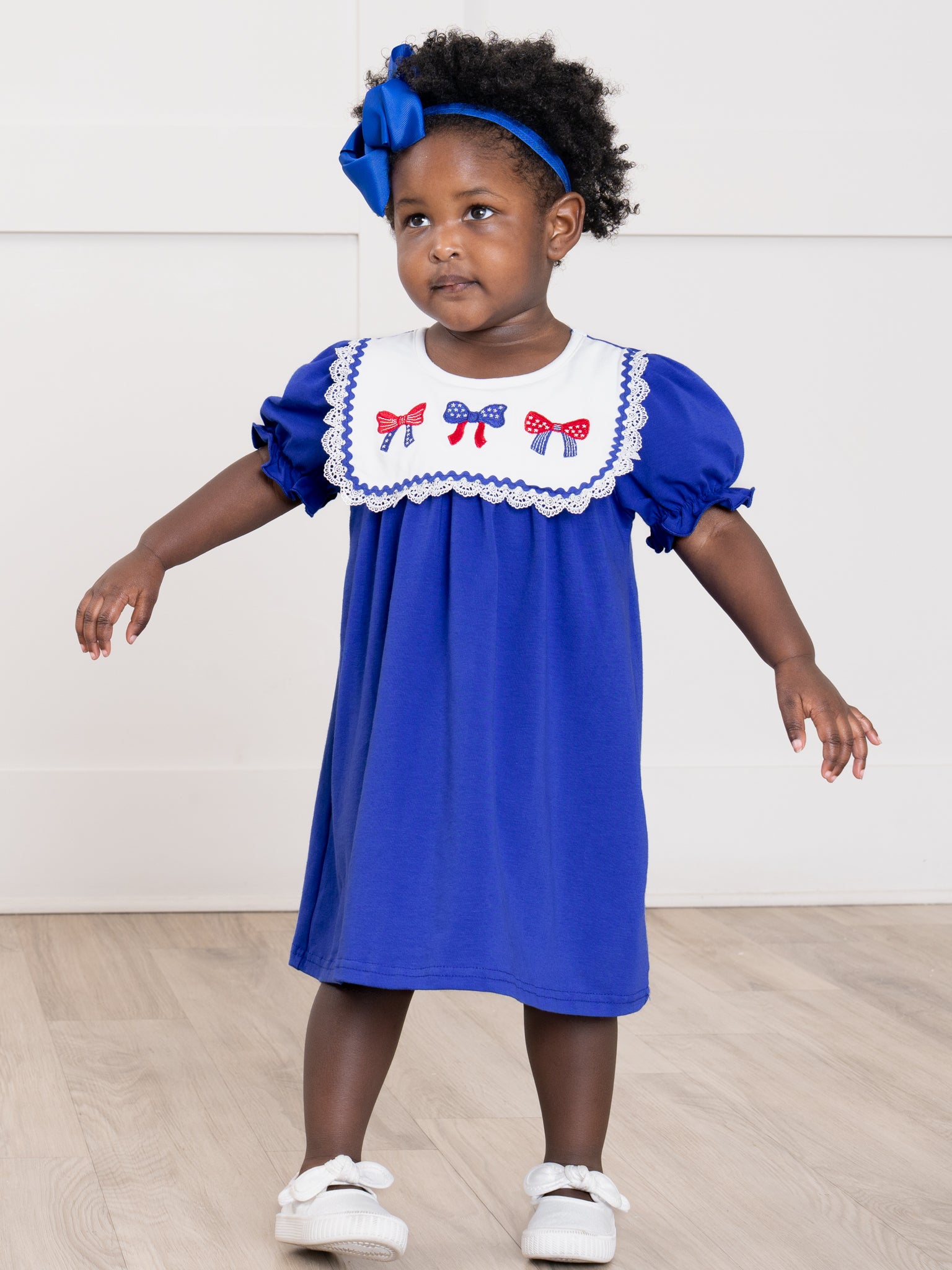 Patriotic Bow Bliss Embroidered Cotton Ruffle Dress - Marie Nicole Clothing