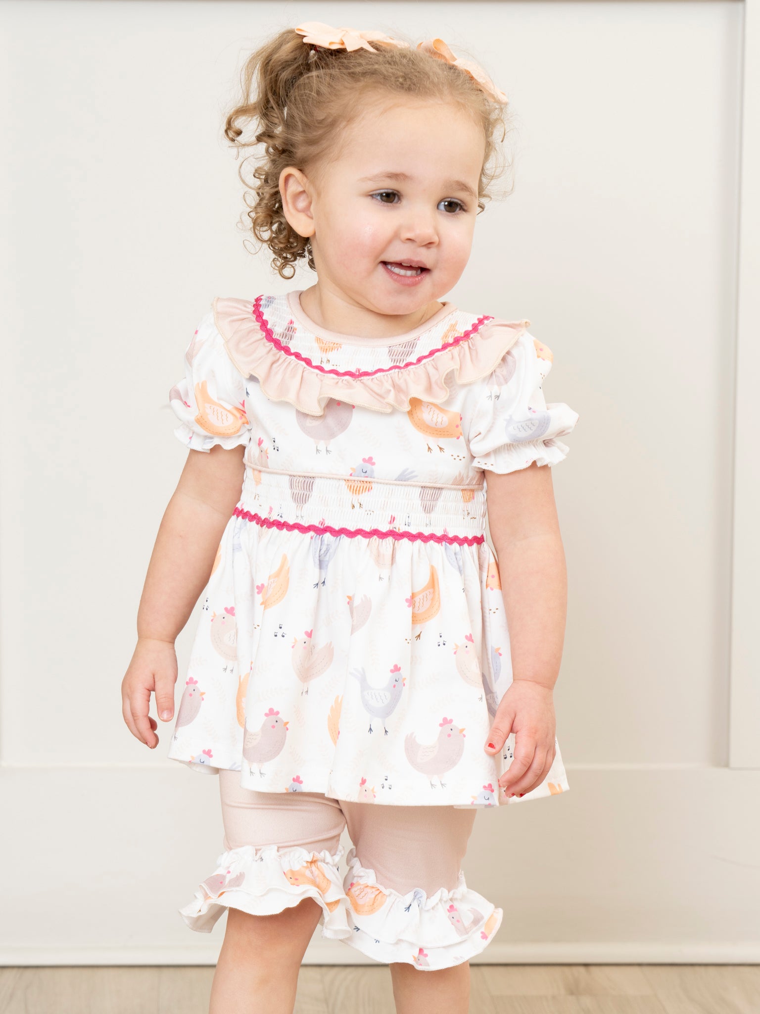 Soft Tan Smocked Chickens Ruffle Outfit - Marie Nicole Clothing