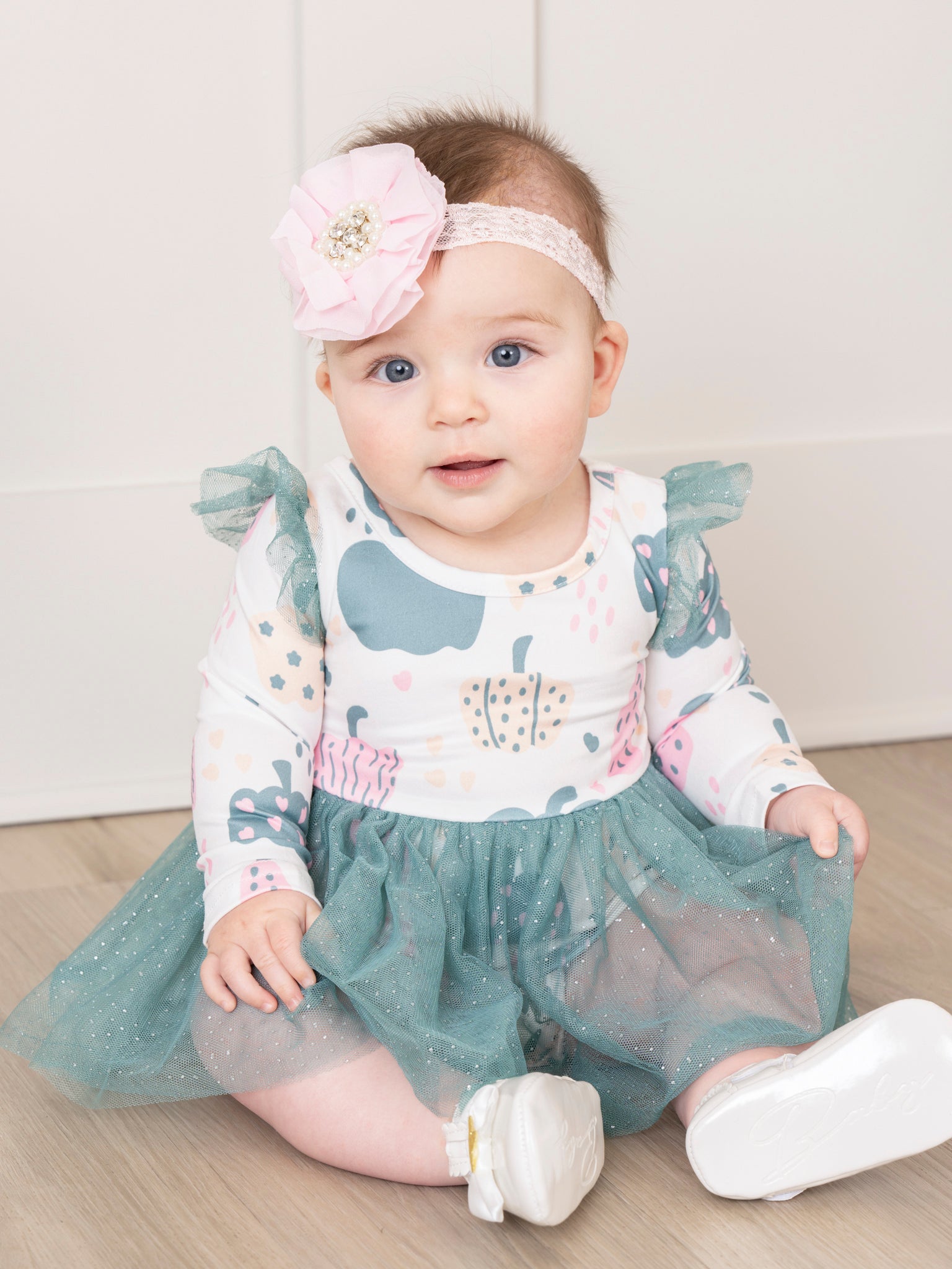 Deep Teal Doodle Pumpkins Tulle Bubble Romper - Marie Nicole Clothing