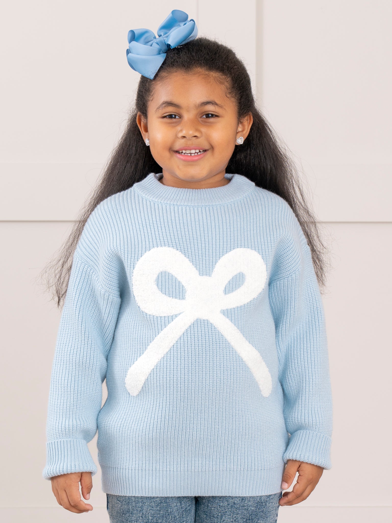 Blue Knit Bow Sweater - Marie Nicole Clothing