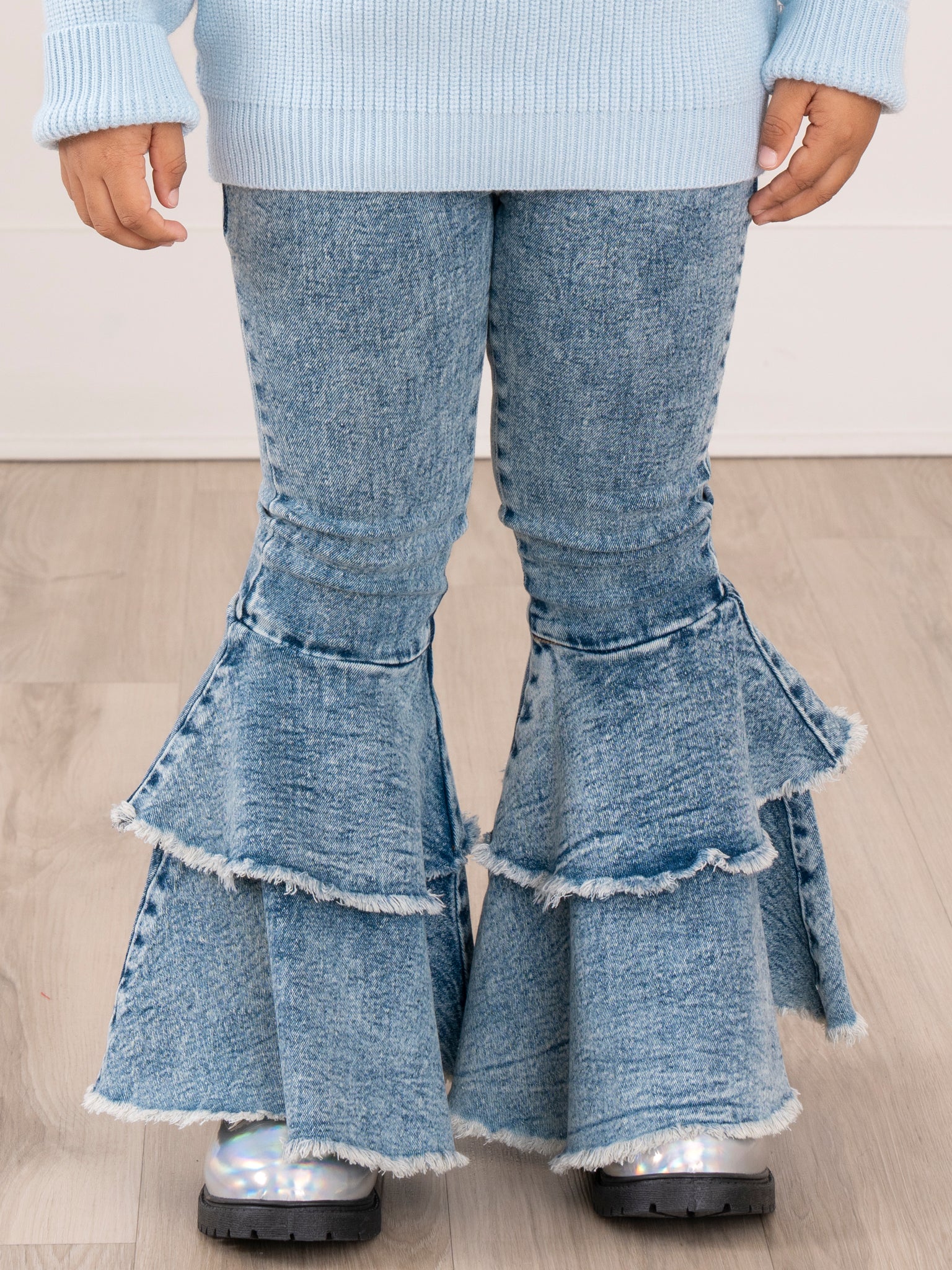 Dark Wash Denim Double Tier Bell Bottom Pants - Marie Nicole Clothing
