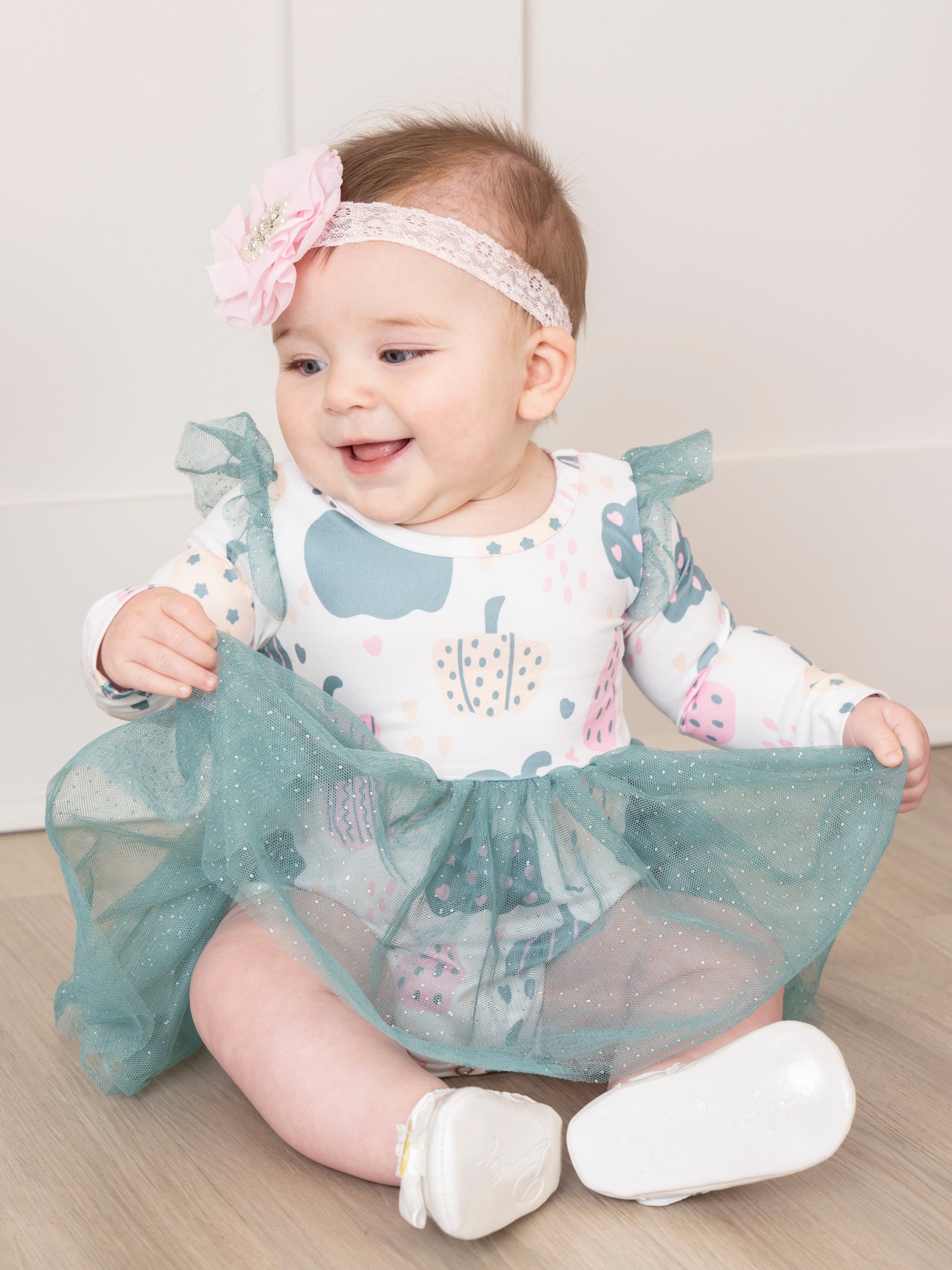 Deep Teal Doodle Pumpkins Tulle Bubble Romper - Marie Nicole Clothing