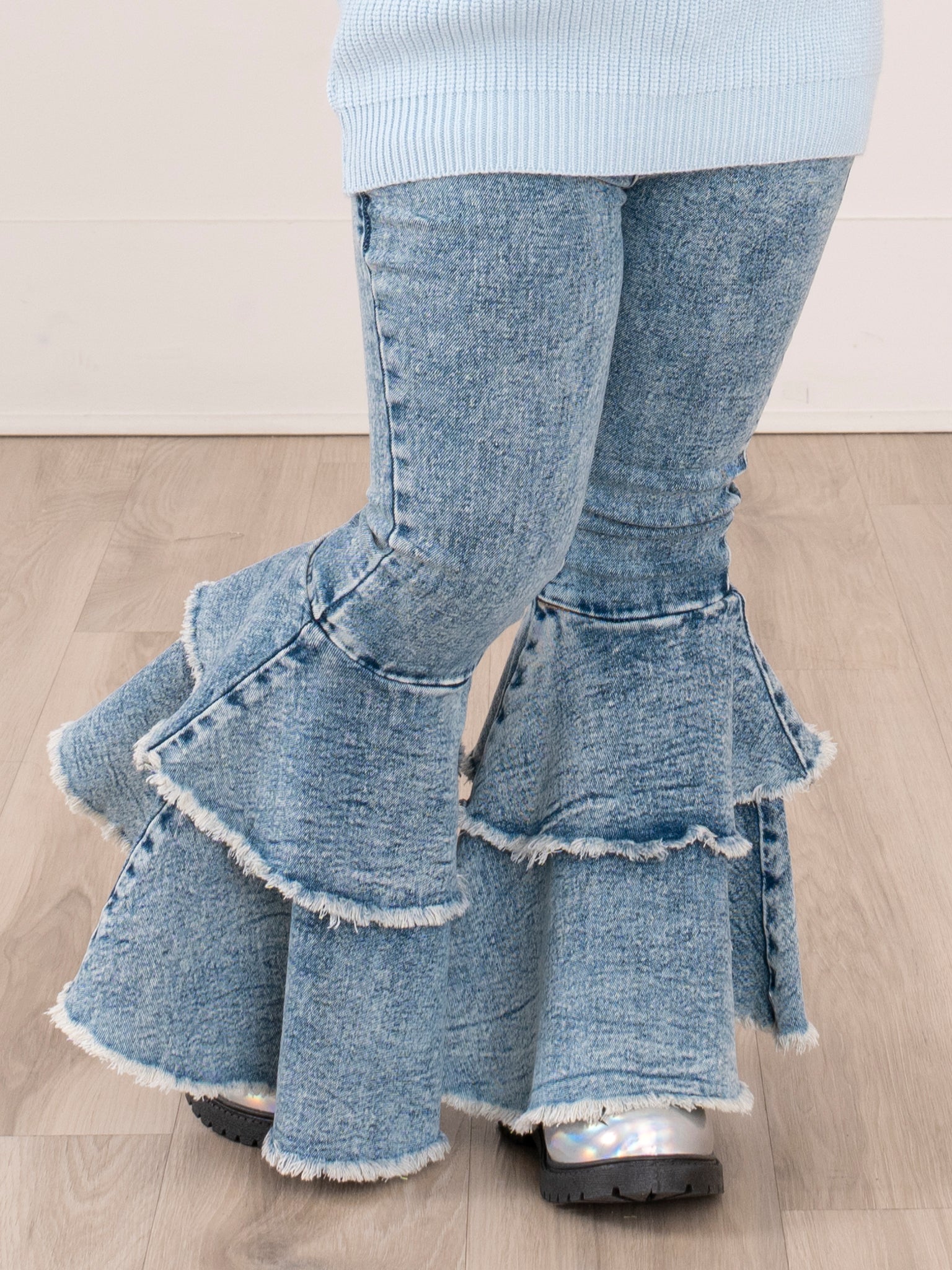 Dark Wash Denim Double Tier Bell Bottom Pants - Marie Nicole Clothing