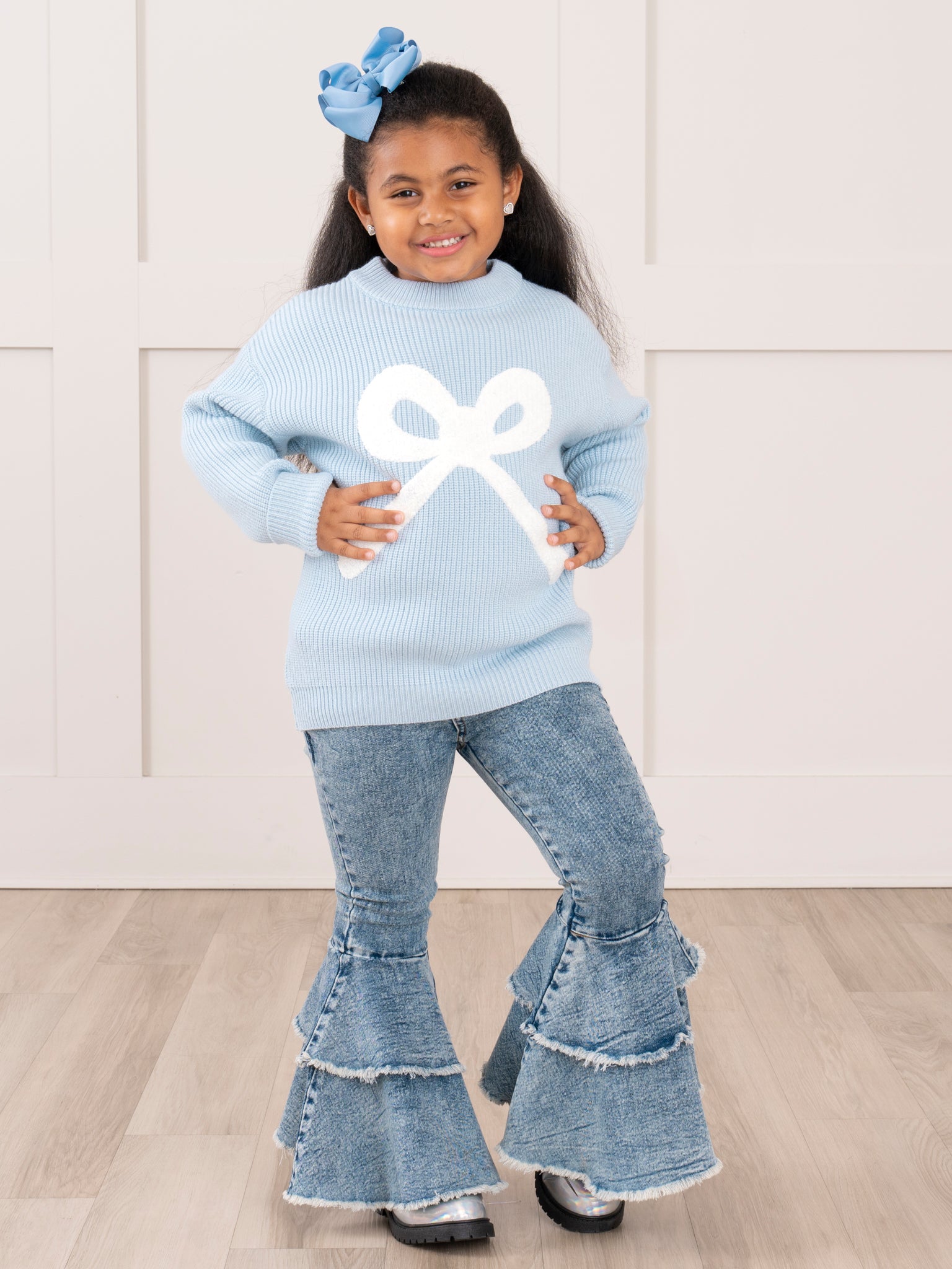Blue Knit Bow Sweater - Marie Nicole Clothing