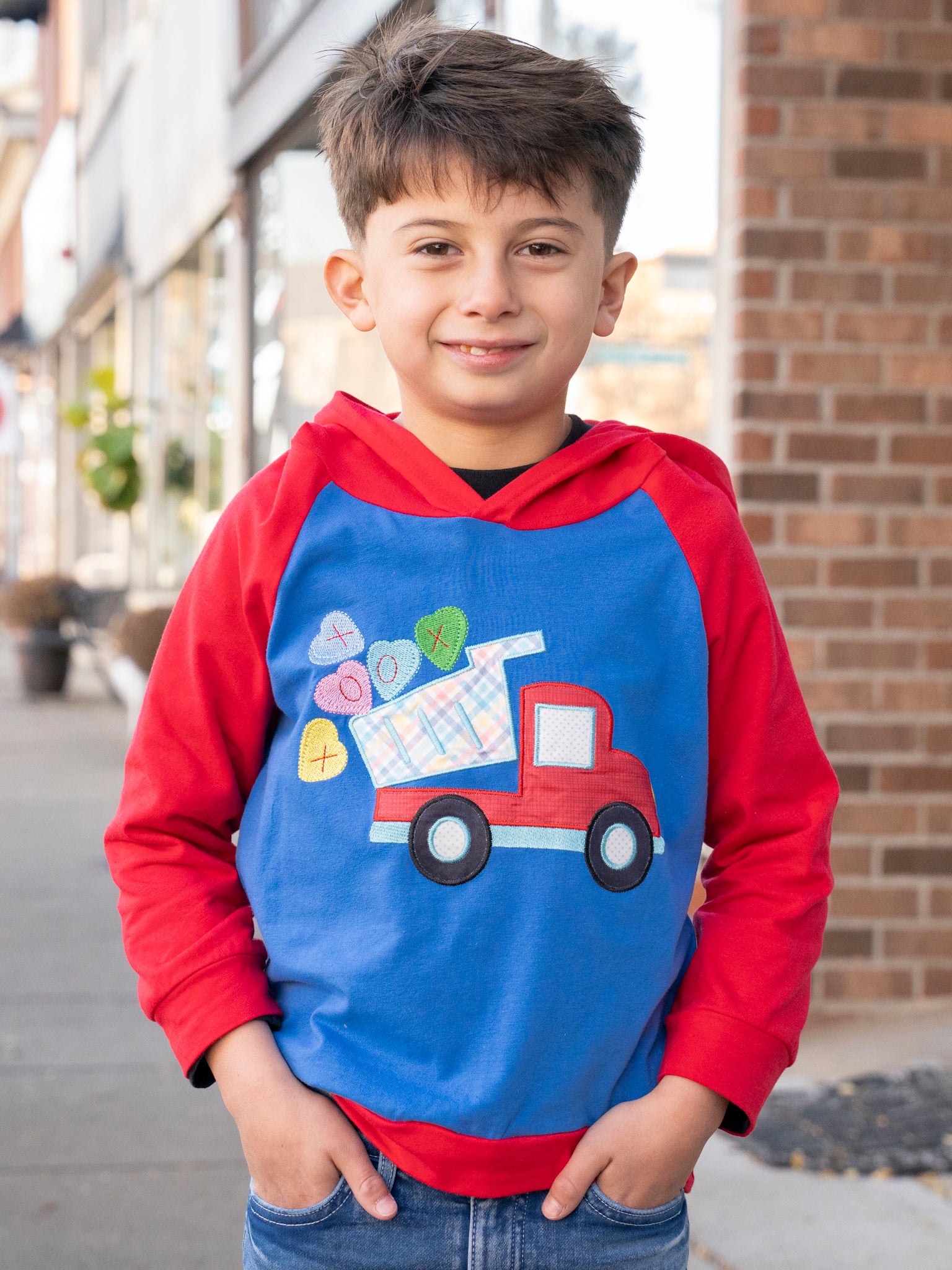 Blue & Red Raglan Candy Hearts Truck Hoodie - Marie Nicole Clothing