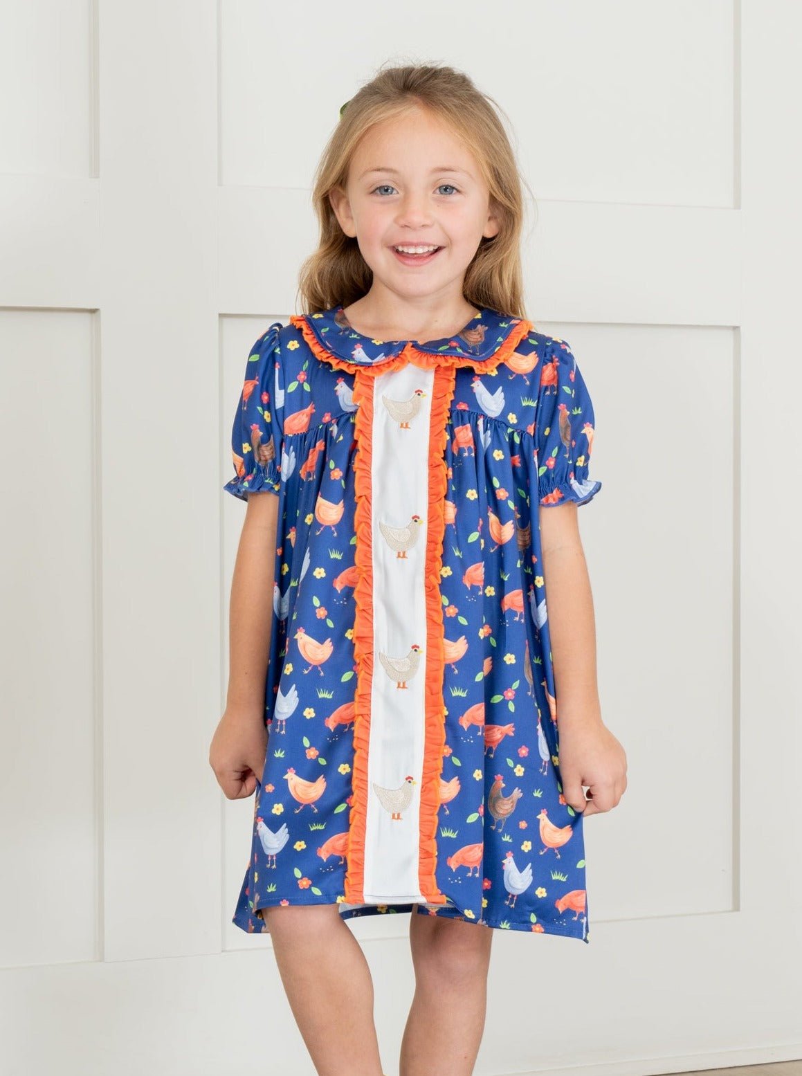 Navy & Orange Embroidered Chicken Ruffle Dress - Marie Nicole Clothing