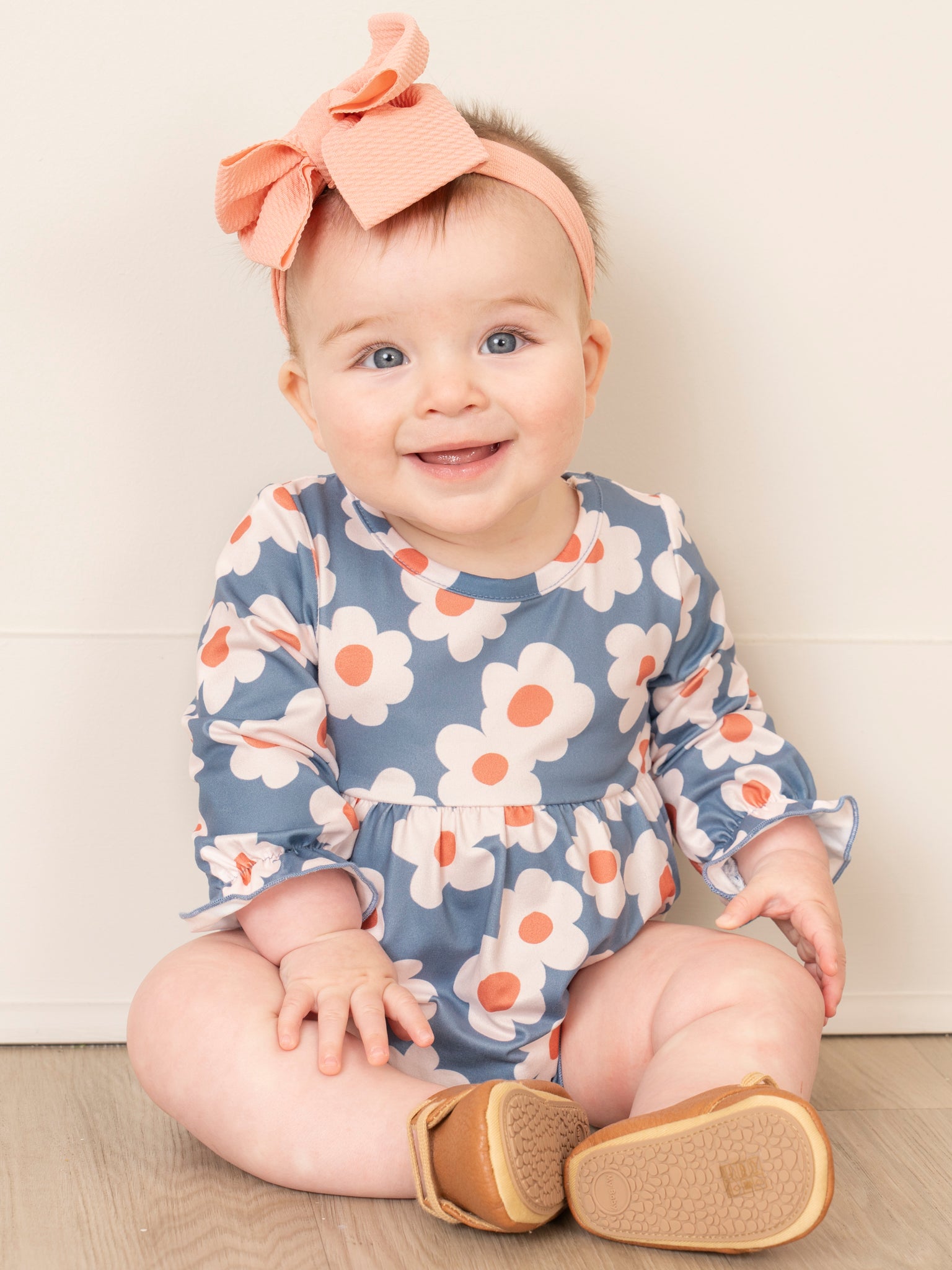 Soft Orange & Blue Daisy Ruffle Bubble Romper - Marie Nicole Clothing