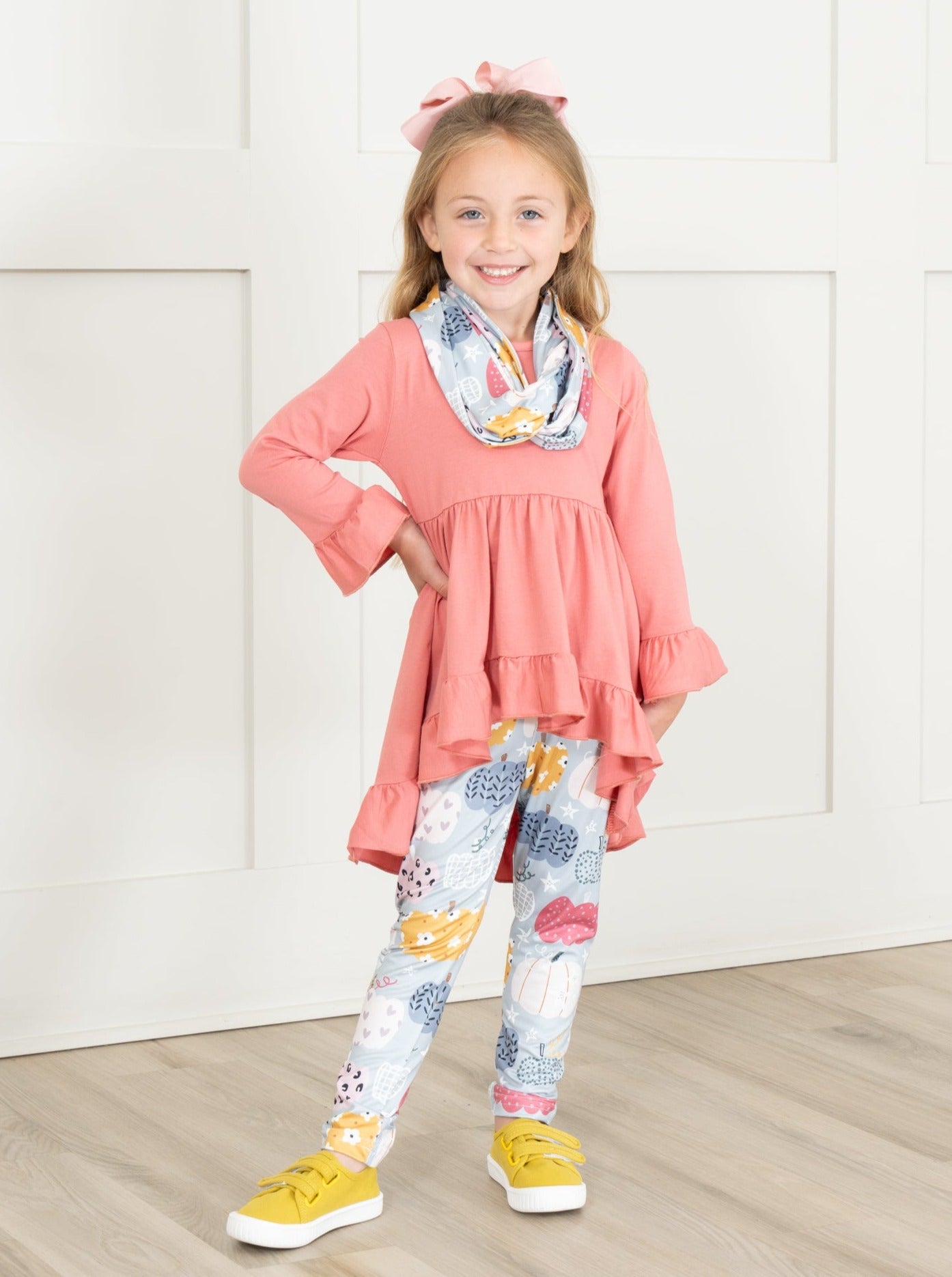Deep Rose Doodle Pumpkin Ruffle Scarf Outfit - Marie Nicole Clothing