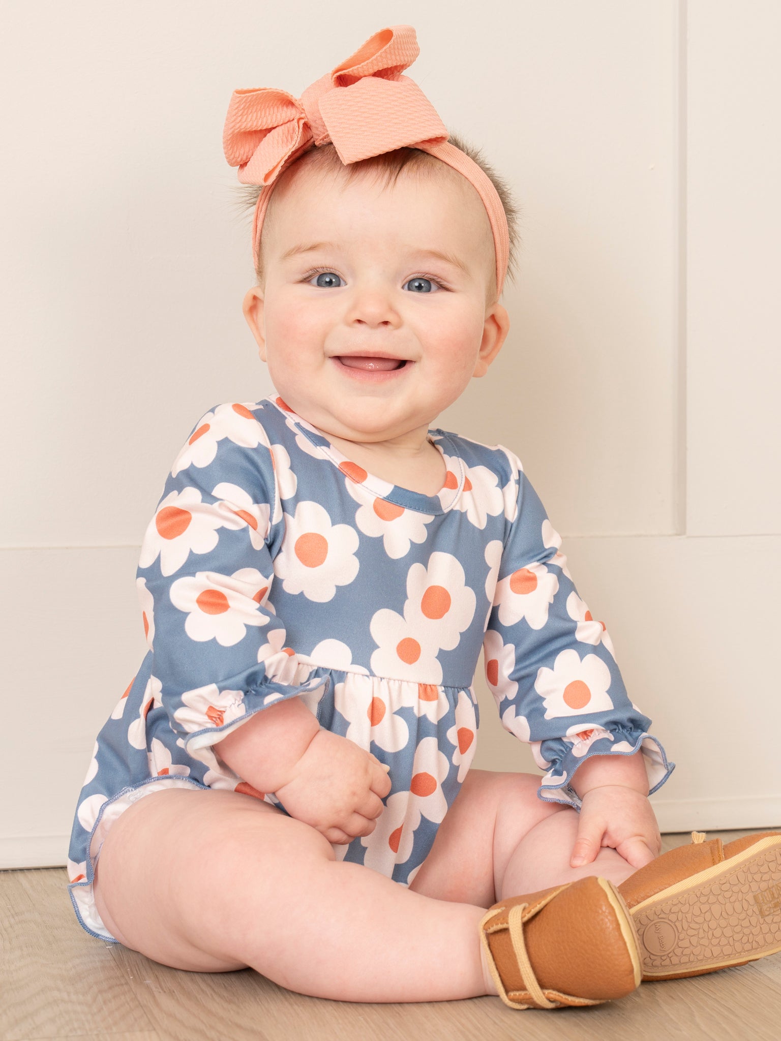 Soft Orange & Blue Daisy Ruffle Bubble Romper - Marie Nicole Clothing
