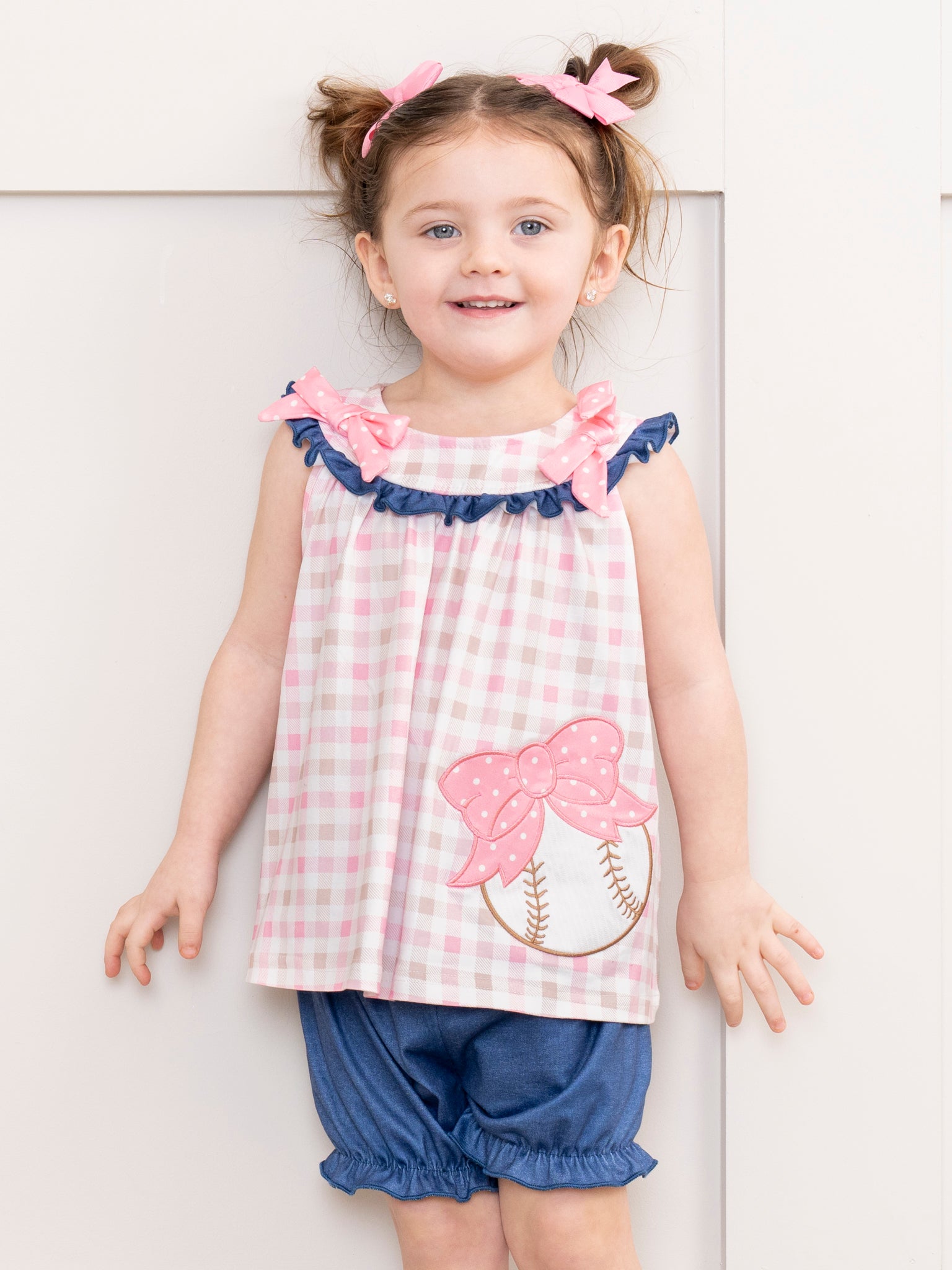 Pink & Navy Gingham Embroidered Baseball Ruffle Outfit - Marie Nicole Clothing