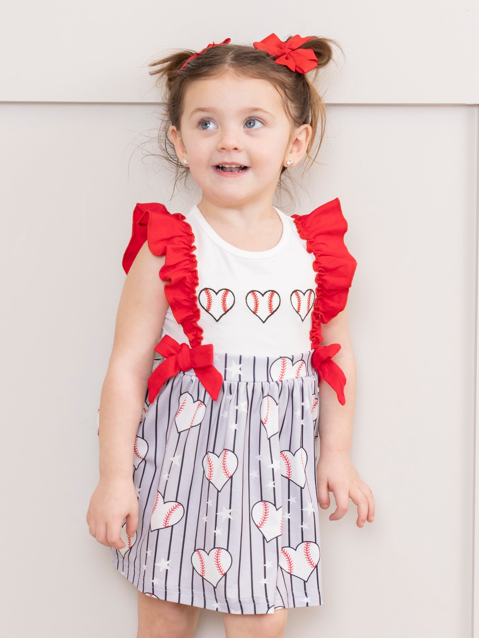 Red & Grey Stripes Smocked Baseball Ruffle Dress - Marie Nicole Clothing